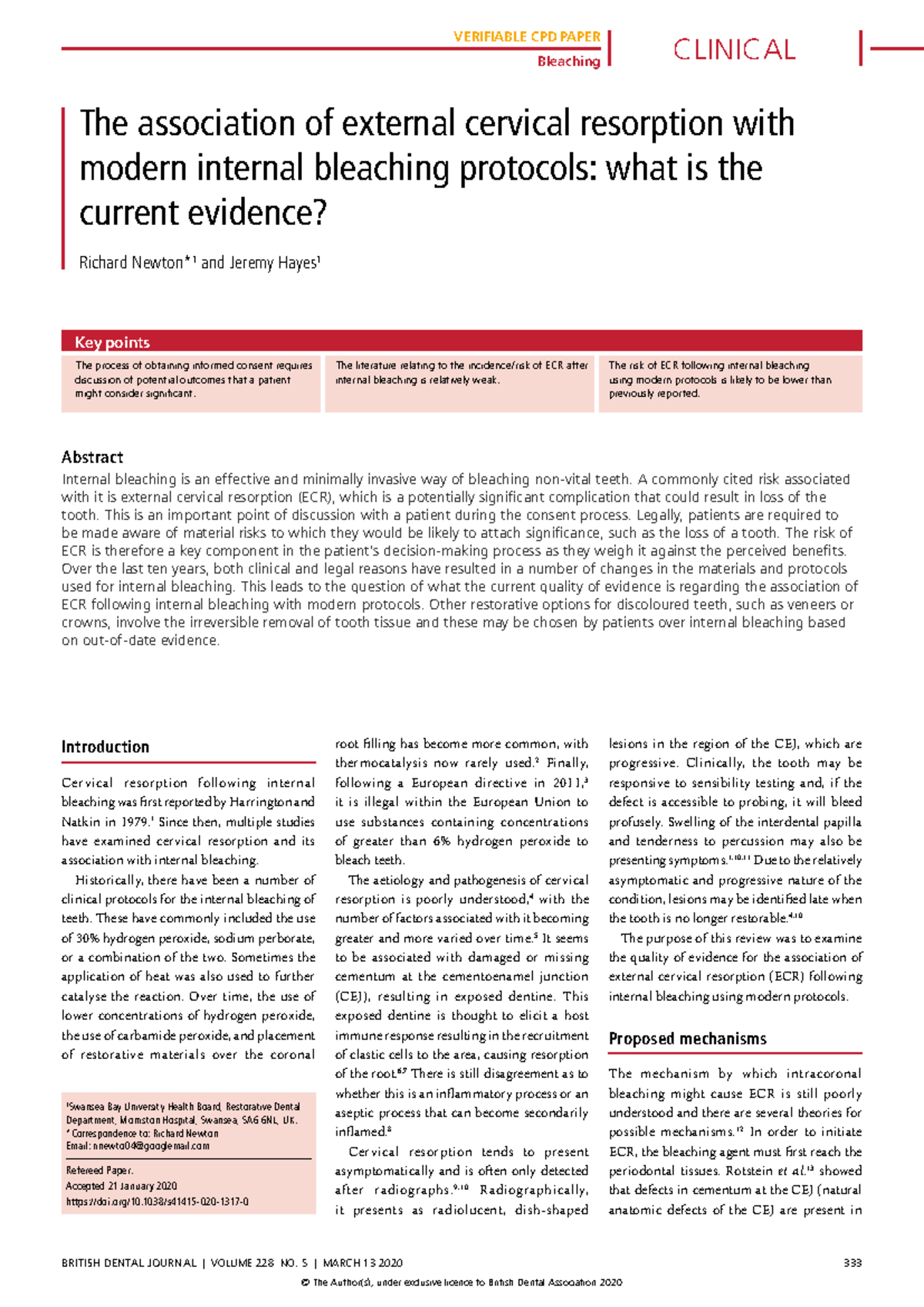 CPD PAPER: ECR & Internal Bleaching Protocols - Current Evidence - Studocu