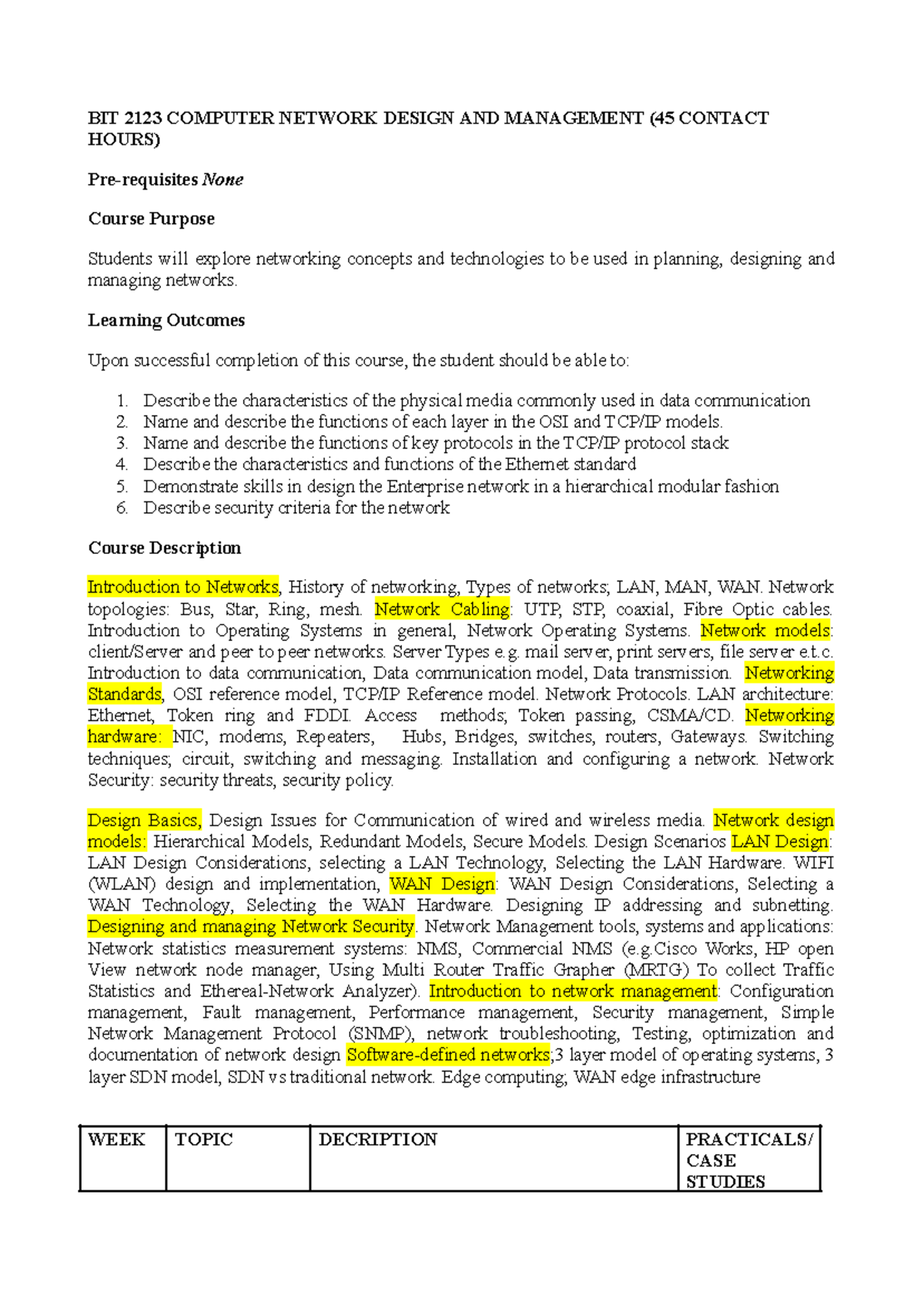 BIT 2123 Computer Network Design & Management Course Outline - Studocu
