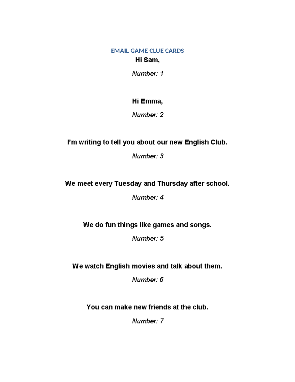EMAIL GAME CLUE CARDS: Join Our English Club! - Studocu