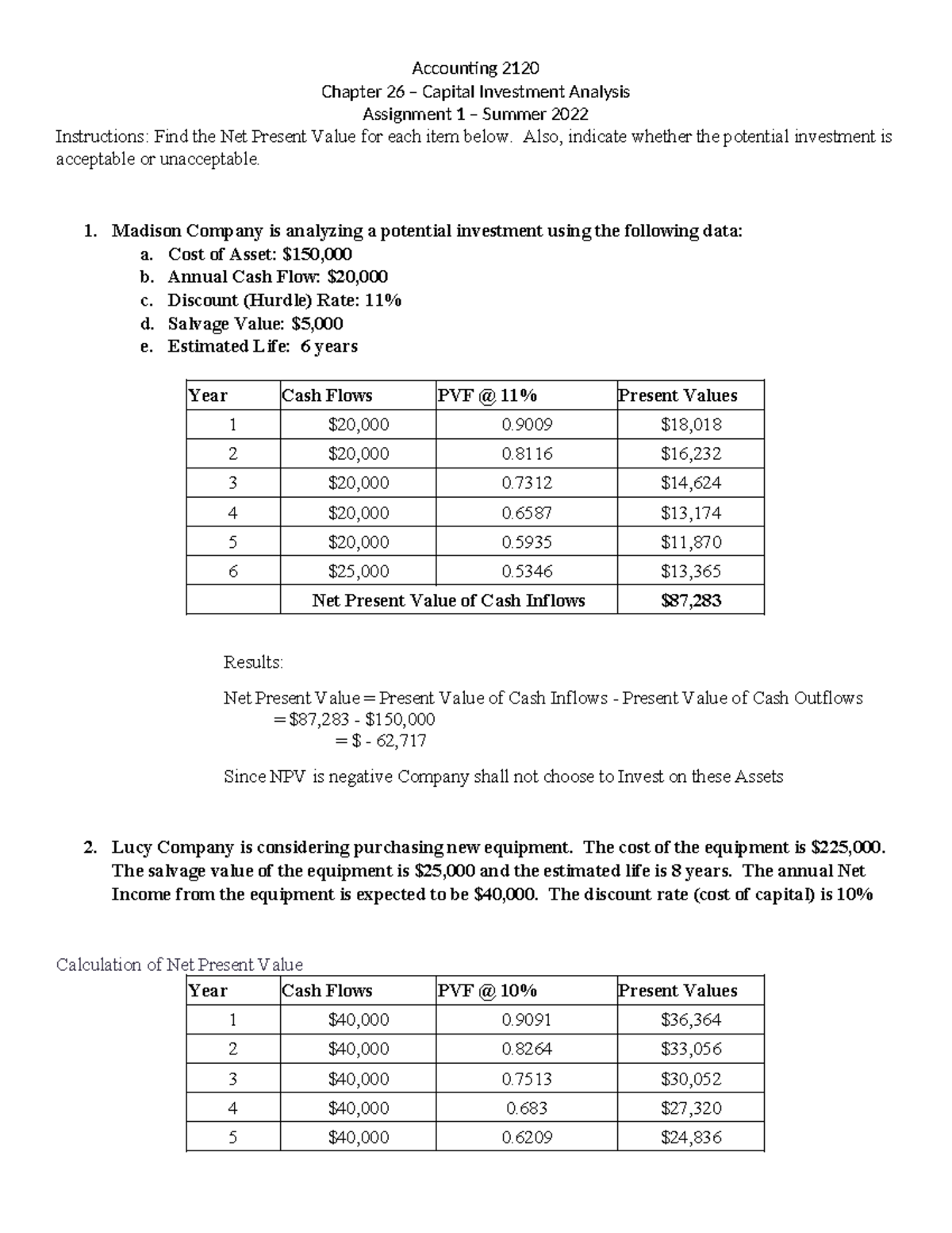 Accounting 2120: Chapter 26 Assignment 1 - Capital Investment Analysis ...