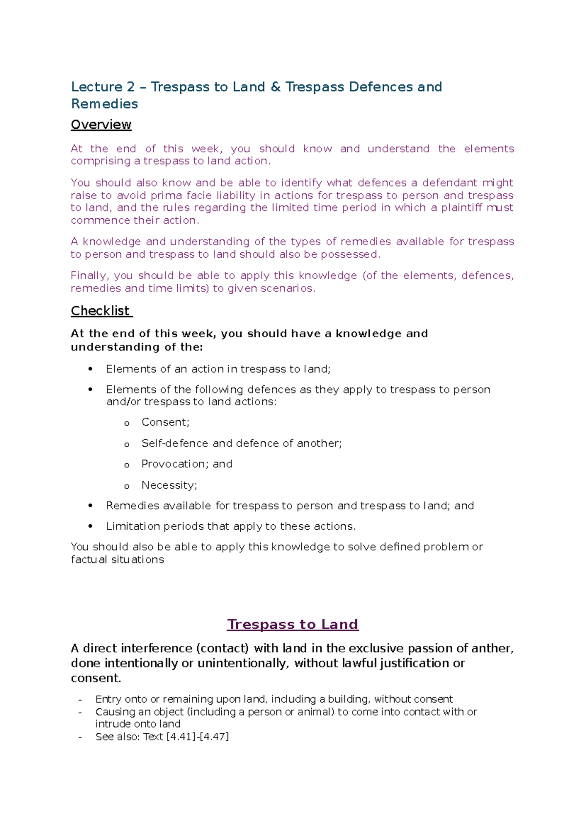 Lecture 2 – Trespass to Land & Trespass Defences and Remedies - Lecture ...