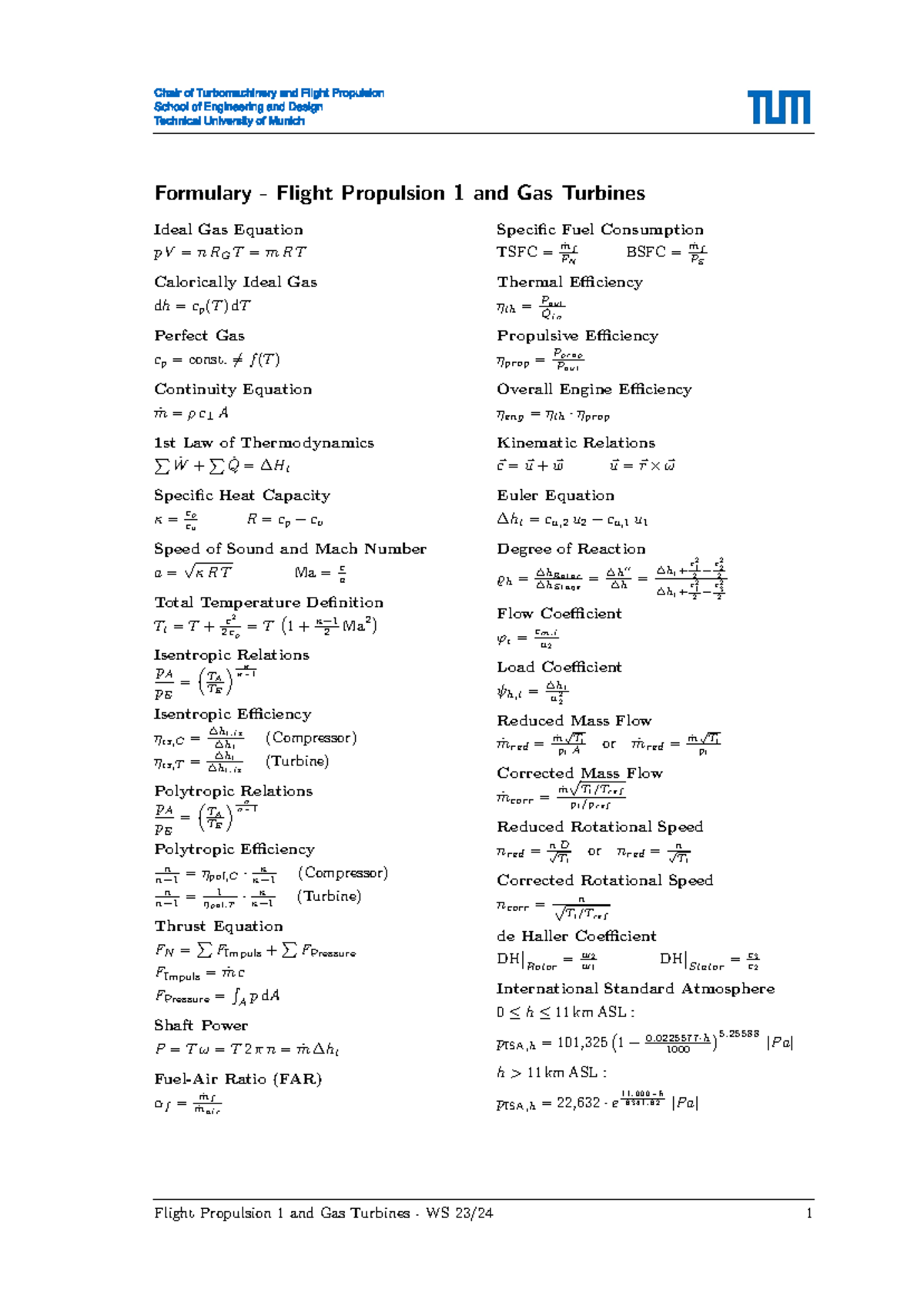 Formulary Sheet - Formulary - Flight Propulsion 1 and Gas Turbines ...