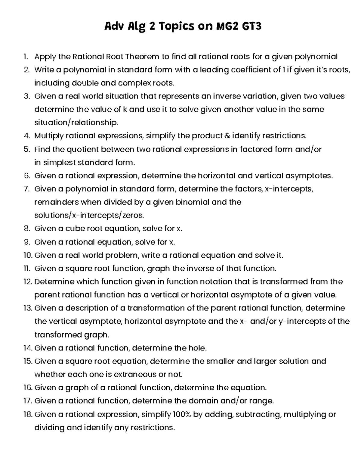Adv Alg 2 GT3 List of Topics and Rational Functions Exam Prep - Adv Alg ...