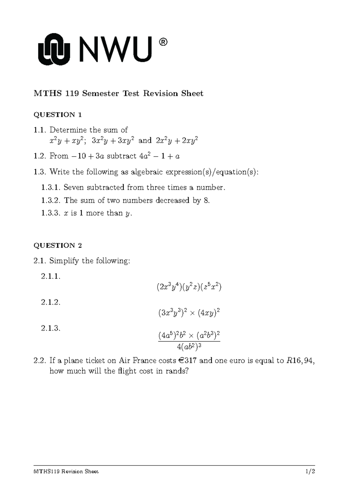 MTHS 119 Final Exam Revision Sheet for Semester Test Preparation - Studocu