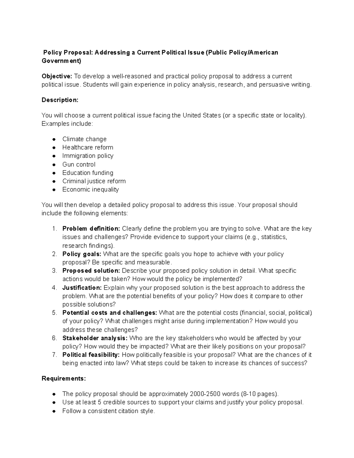 Public Policy Proposal: Addressing Current Political Issues (PPA 101 ...
