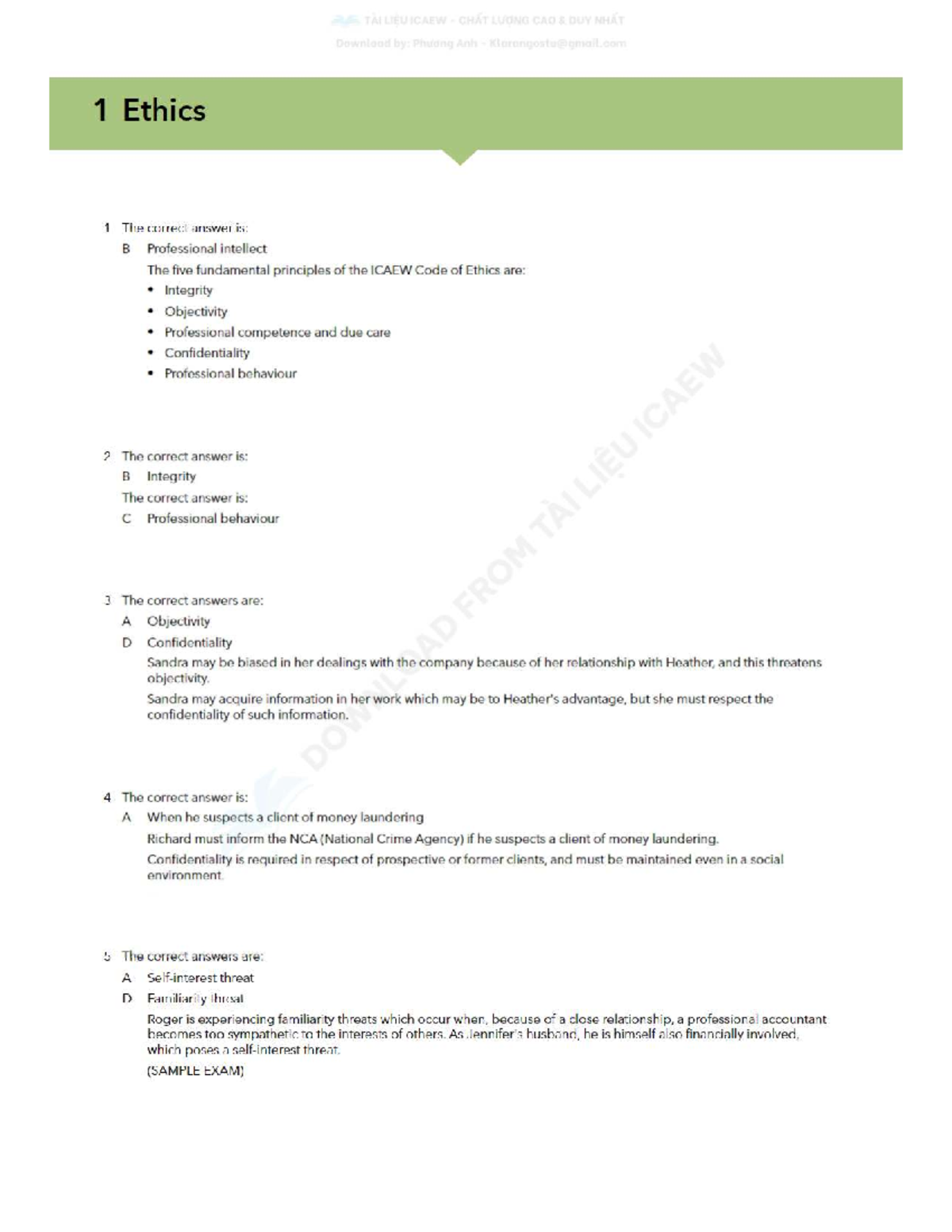 QB Ans 2024 - ICAEW Code of Ethics Sample Exam Insights - Studocu