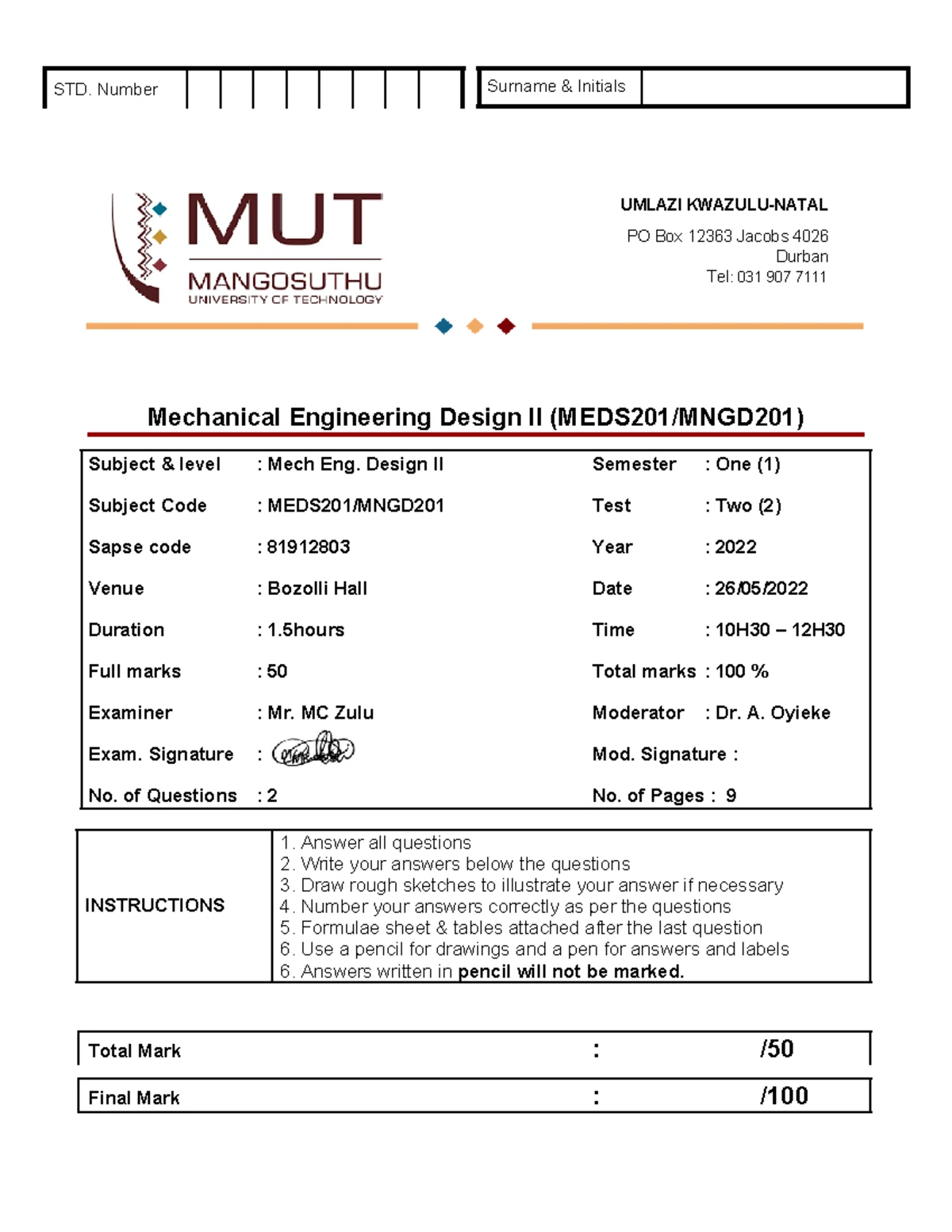 Mechanical Engineering Design II (MEDS201/MNGD201) Test 1, Sem 1, 2022 ...
