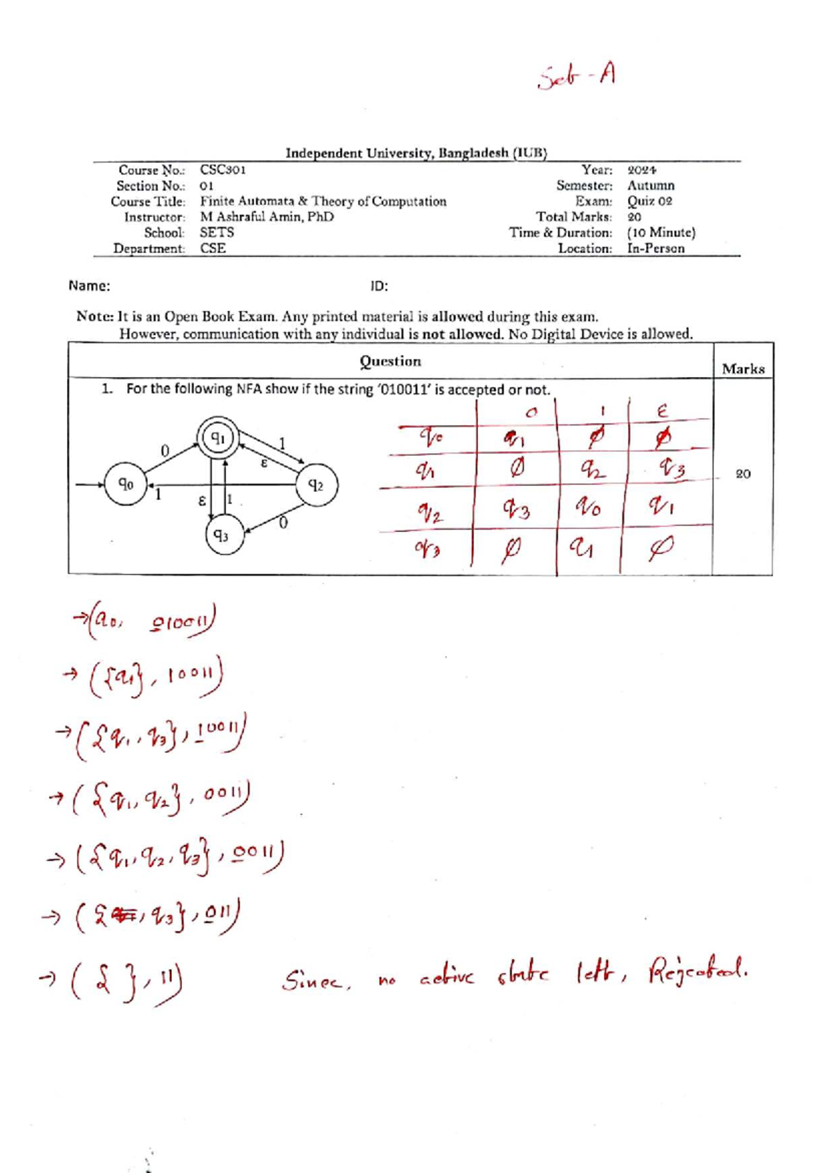 Quiz 02 Solutions for Finite Automata (CSCs01, Autumn 2024) - Studocu