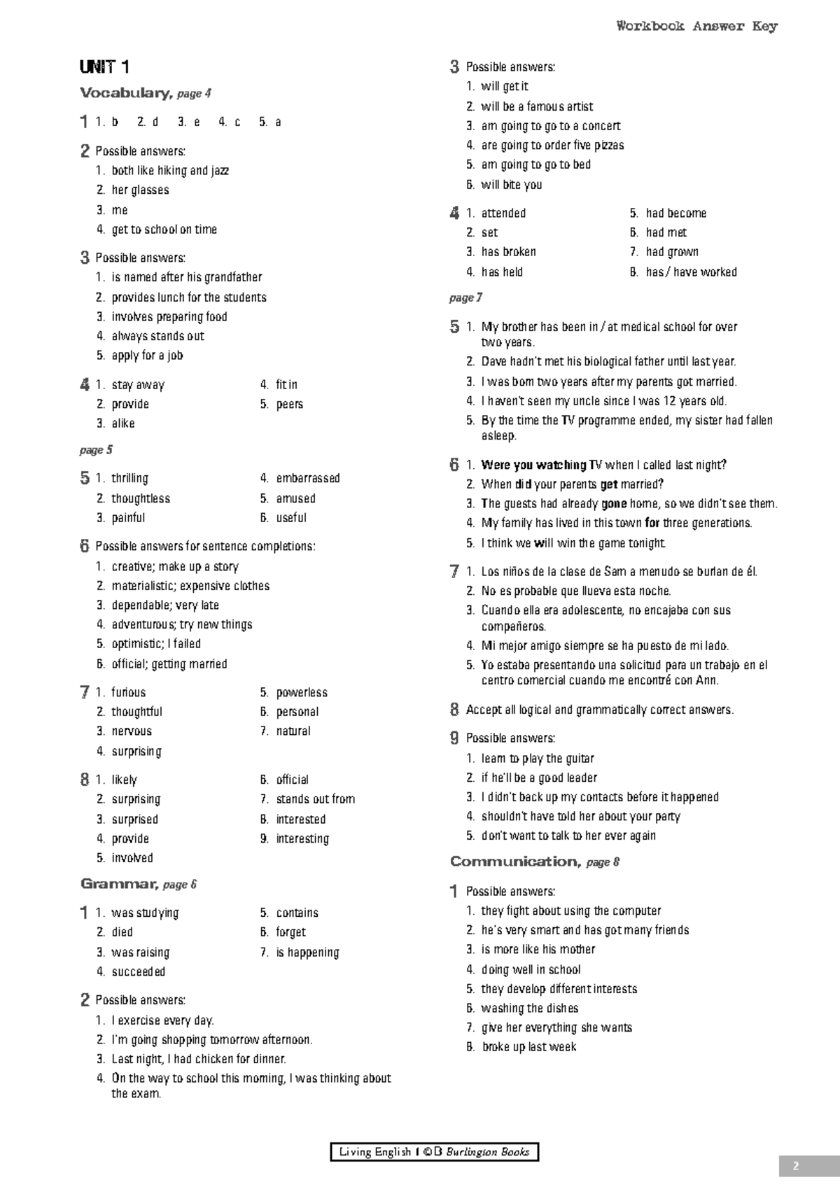 Living English 1 - Workbook Answer Keys for Unit 1 - Studocu