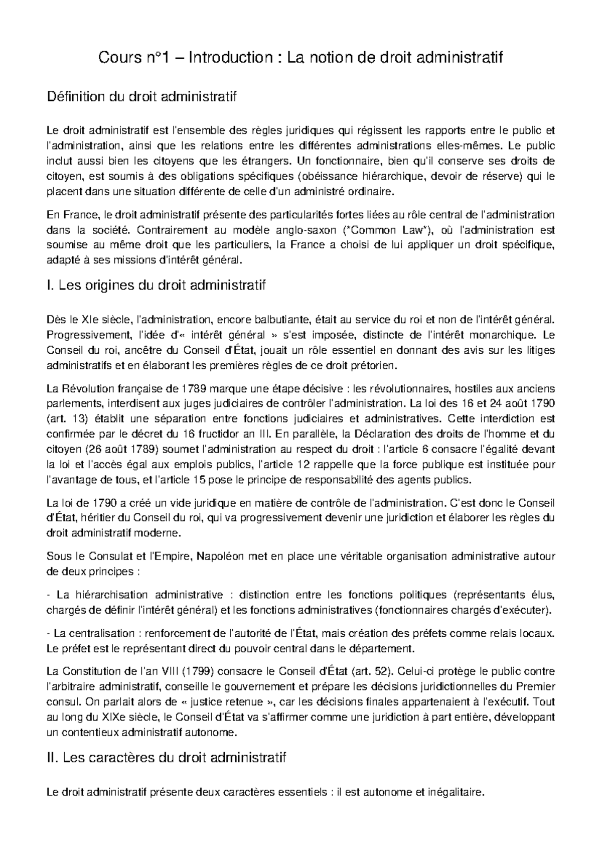 Cours Droit Administratif 1 : Notions et Origines du Droit ...