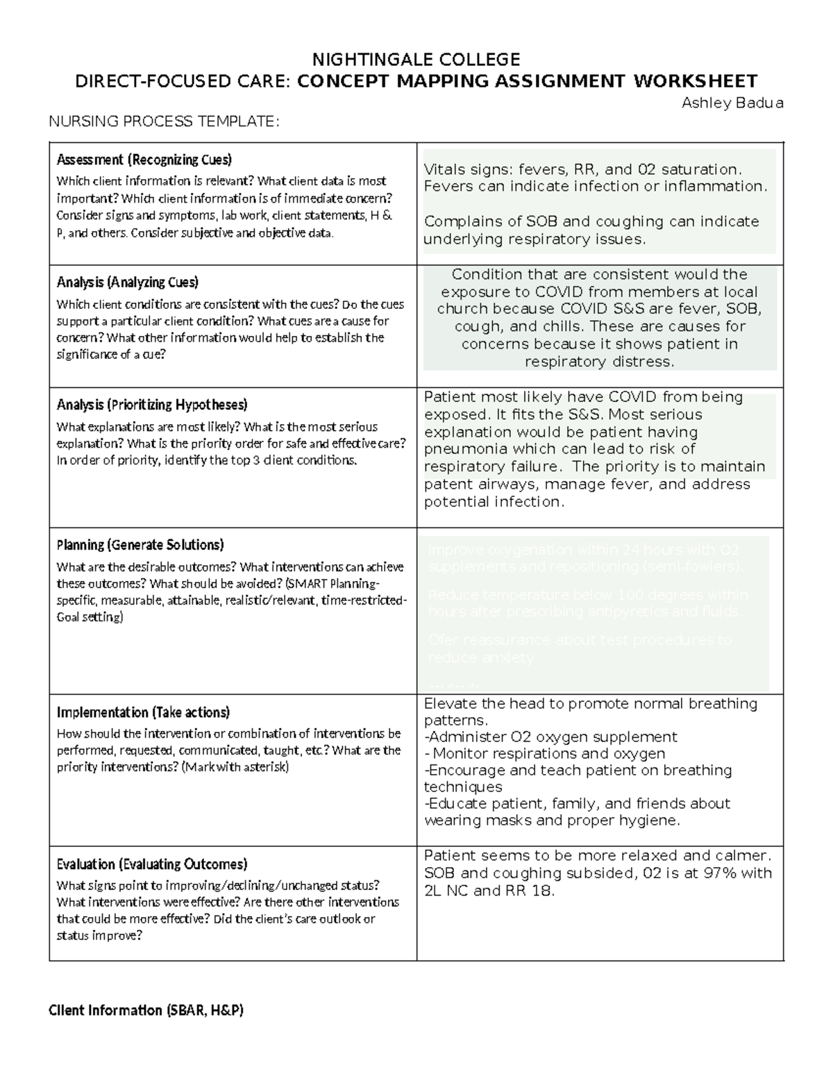 NIGHTINGALE COLLEGE CARE: CONCEPT MAPPING ASSIGNMENT ON GAS EXCHANGE ...