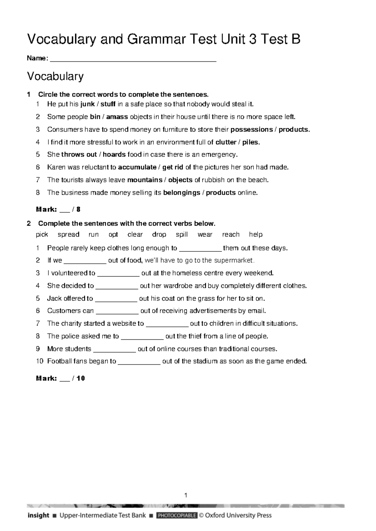 Vocabulary & Grammar Test Unit 3 - Test B - Studocu