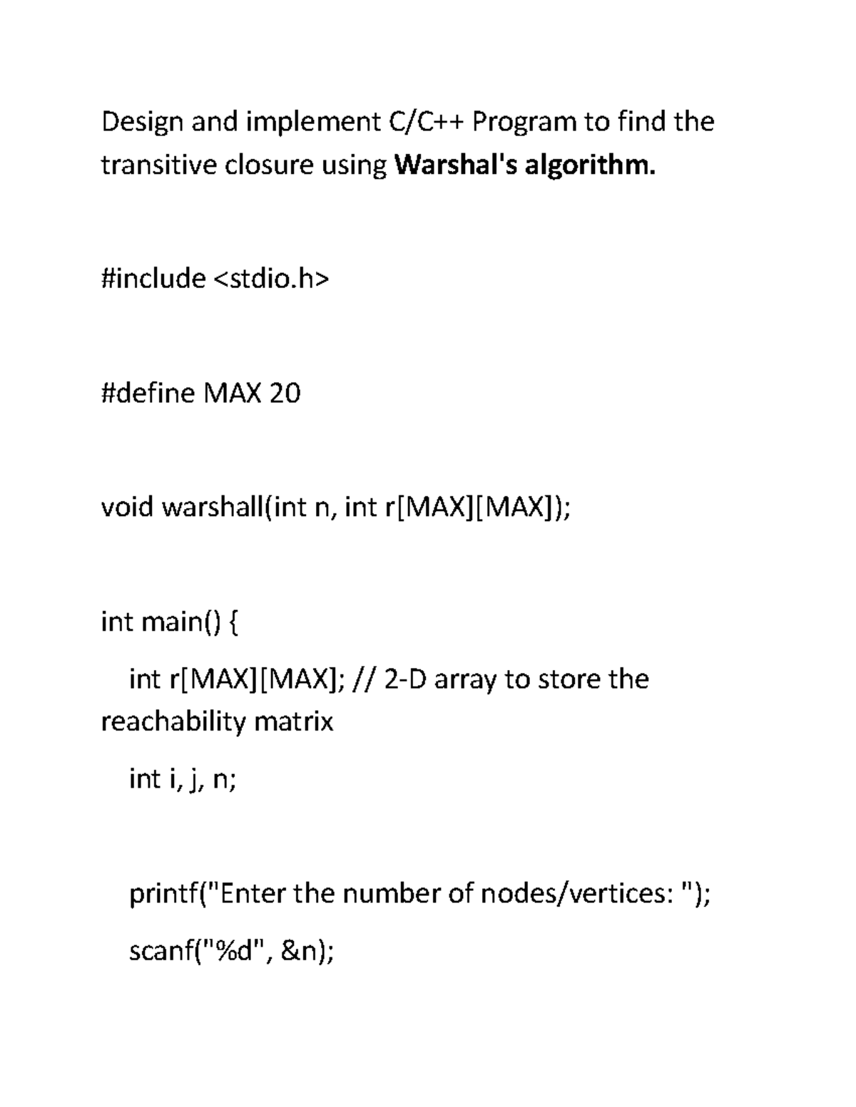 Lab 3b-Warshall - Er diagram - Design and implement C/C++ Program to ...
