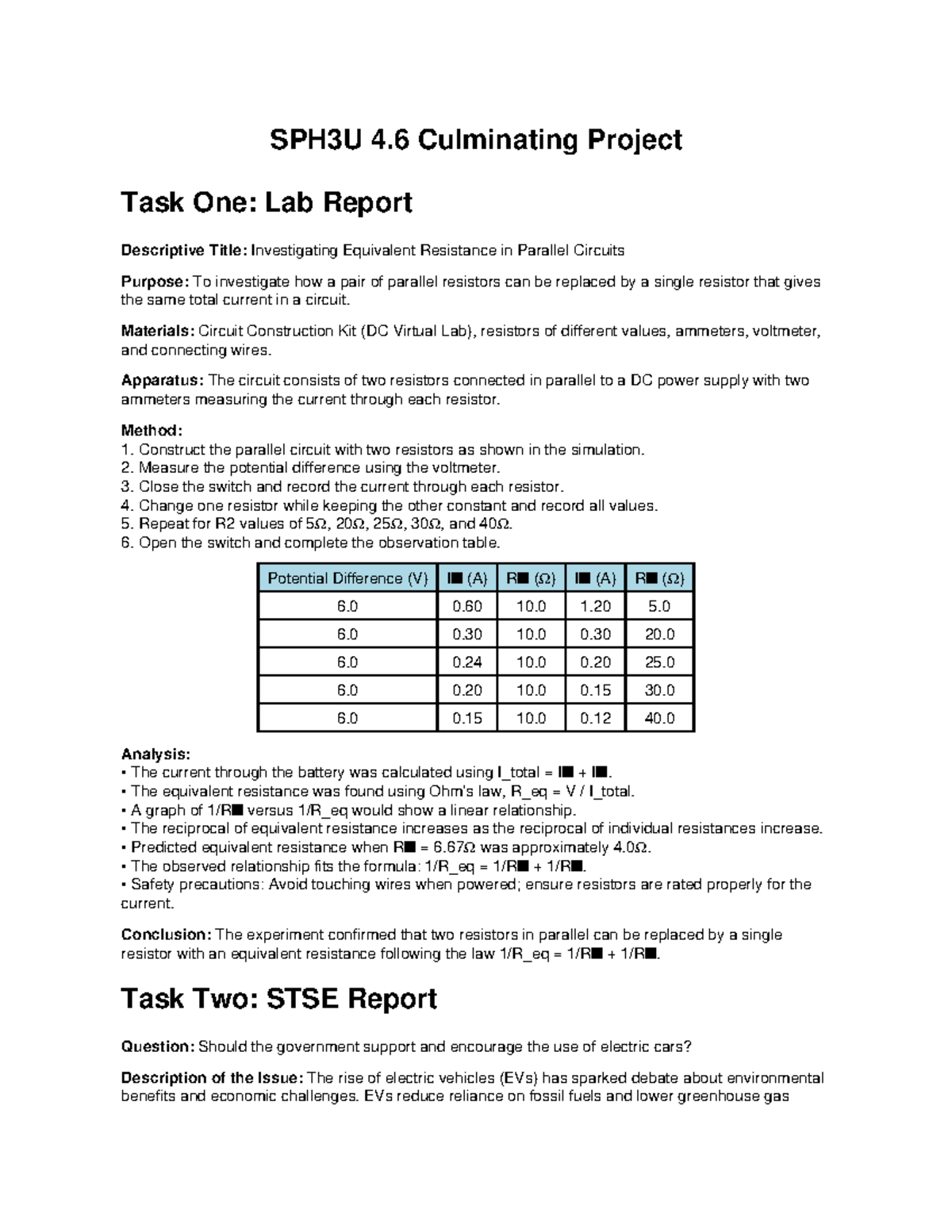 SPH3U Culminating Project: Lab Report on Parallel Circuits - Studocu