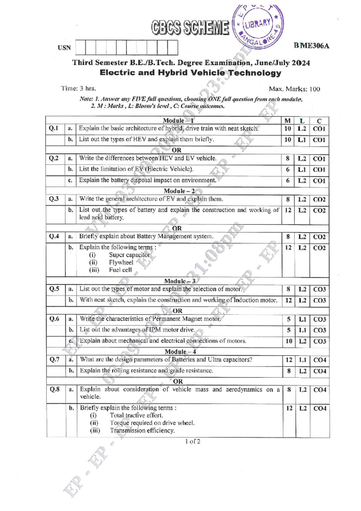 BME306A 2024 - Electric and Hybrid Vehicle Technology Exam Guide - Studocu