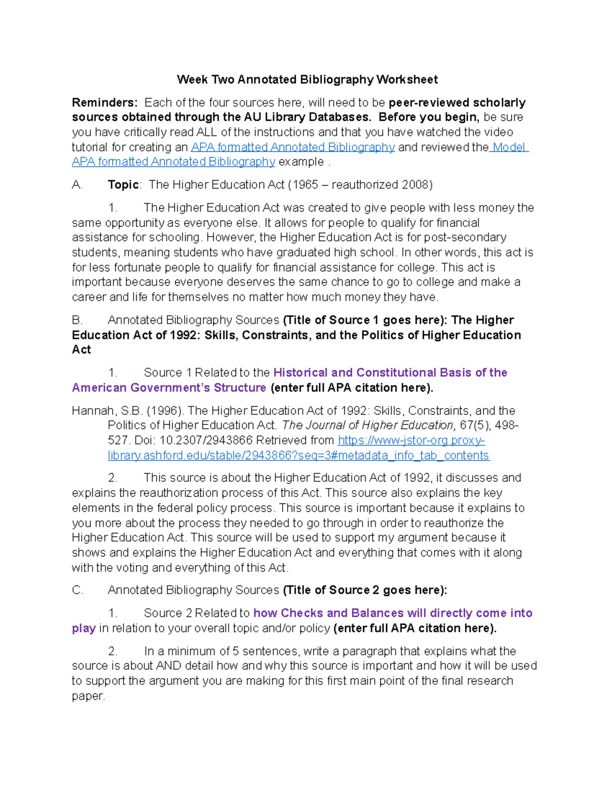 Week 2 - Annotated Bibliography on Higher Education Act (1965) - Studocu