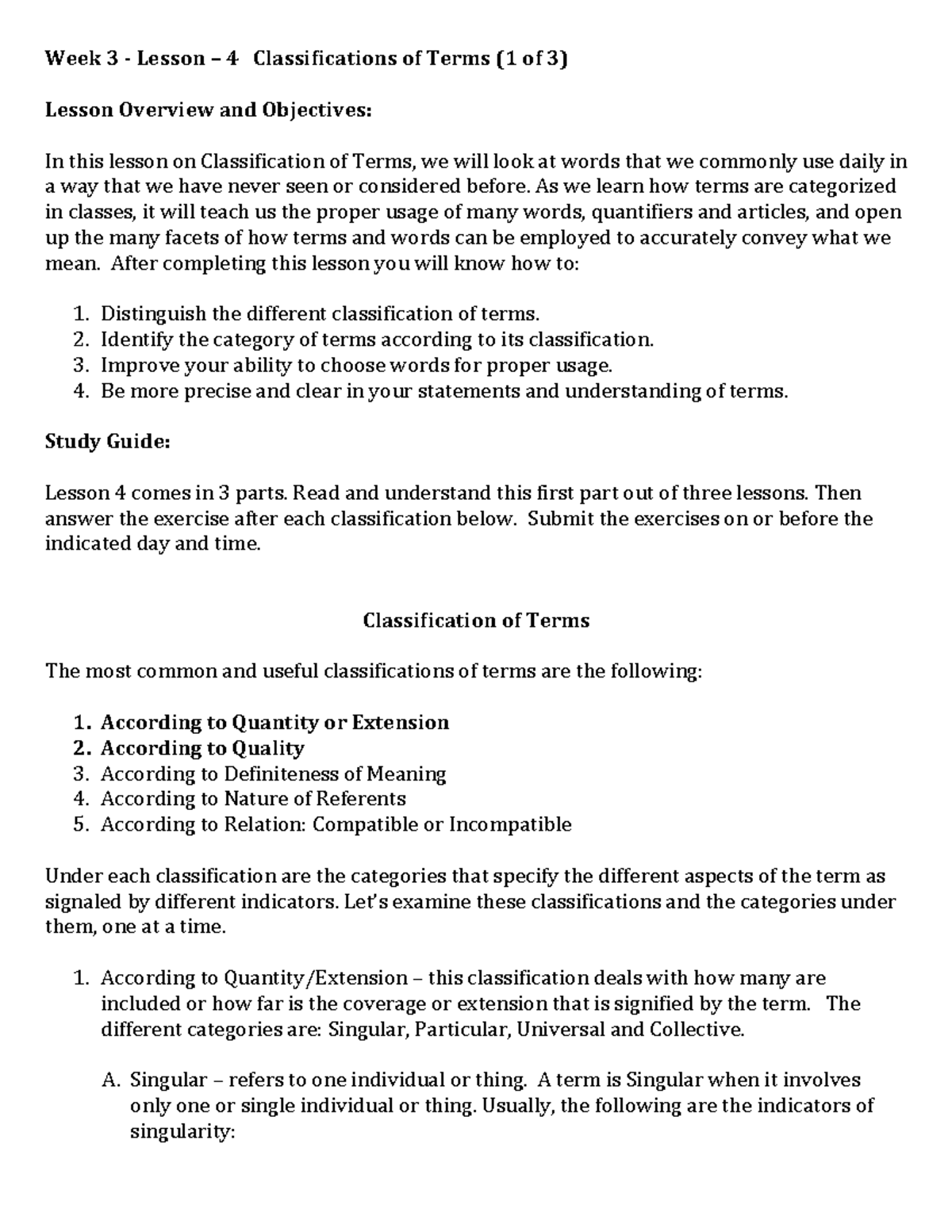 Lesson 4 - Part 1: Understanding the Classification of Terms - Studocu