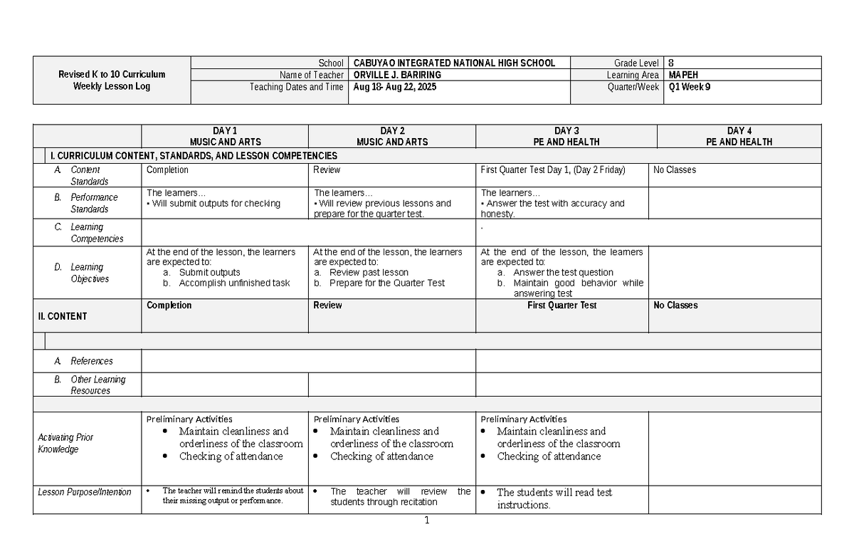 DLL K12 MAPEH 8 Q1 WEEK 9 - Music and Arts Lesson Log - Studocu