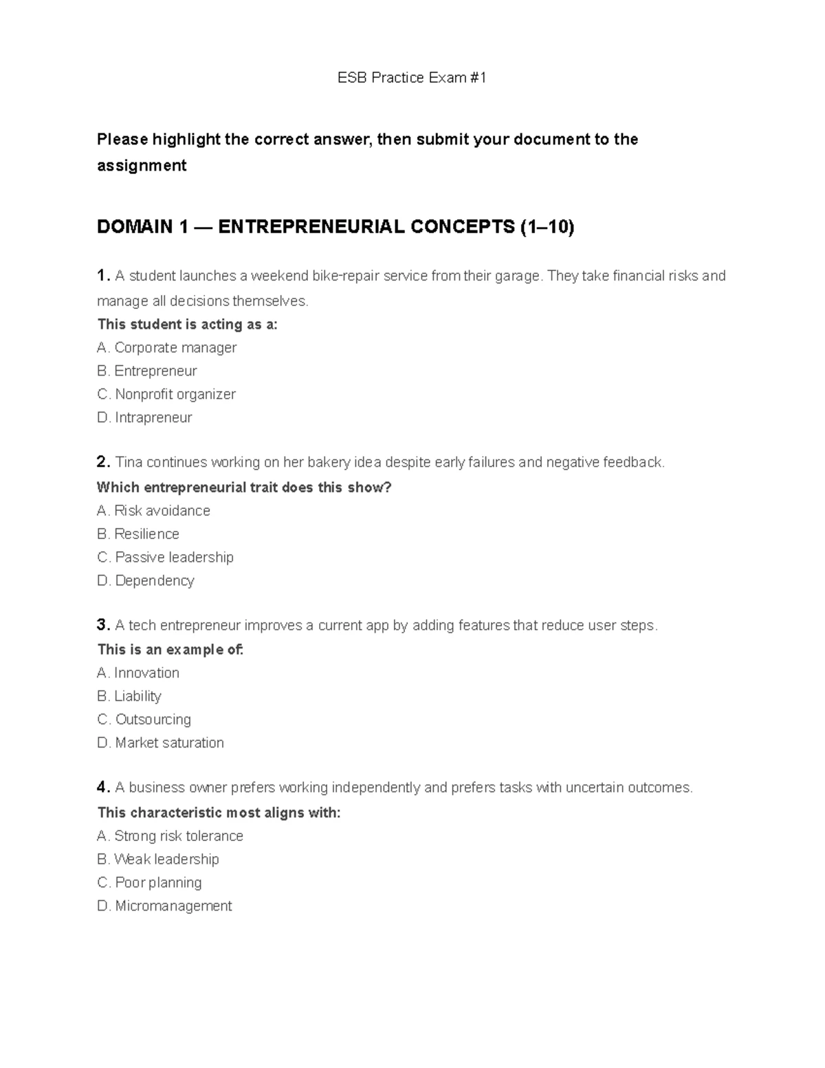 Entrepreneurship and Small Business V (ESB V) Project Workbook