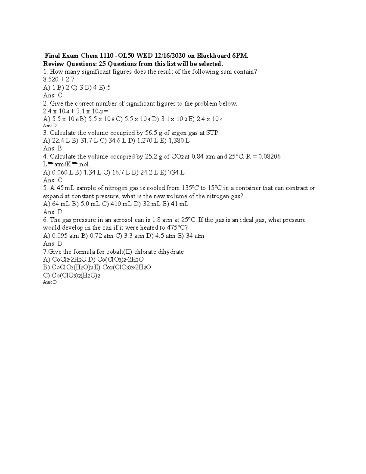 Final Exam Review for Chem 1110 - OL50 (Wed 12/16/2020) - Studocu