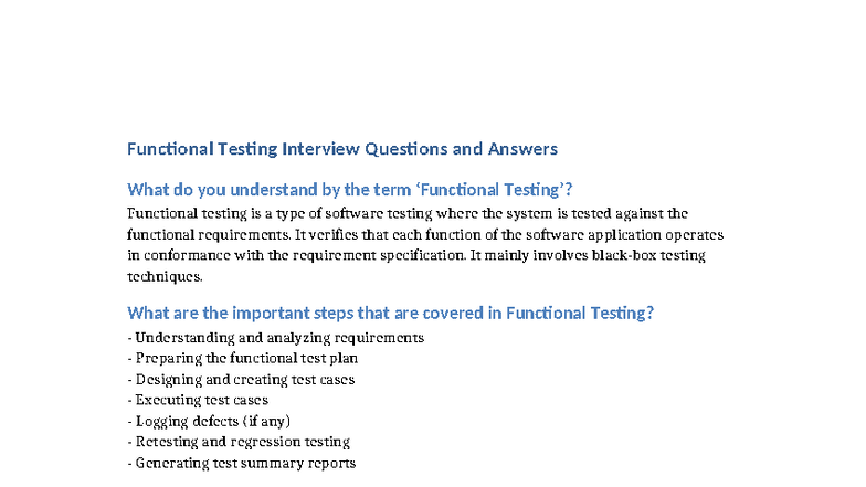 Functional Testing Interview Questions & Answers (QA) - Studocu