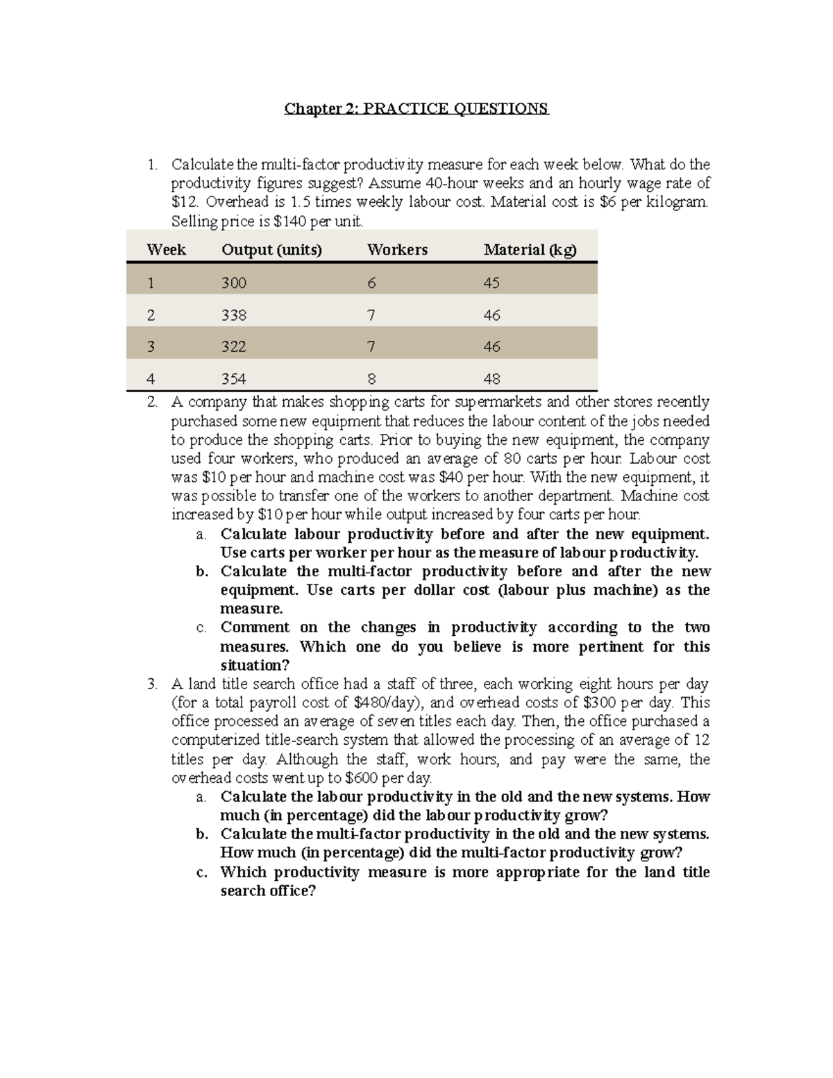 Practice Questions for Chapter 2 - Productivity Analysis - Studocu