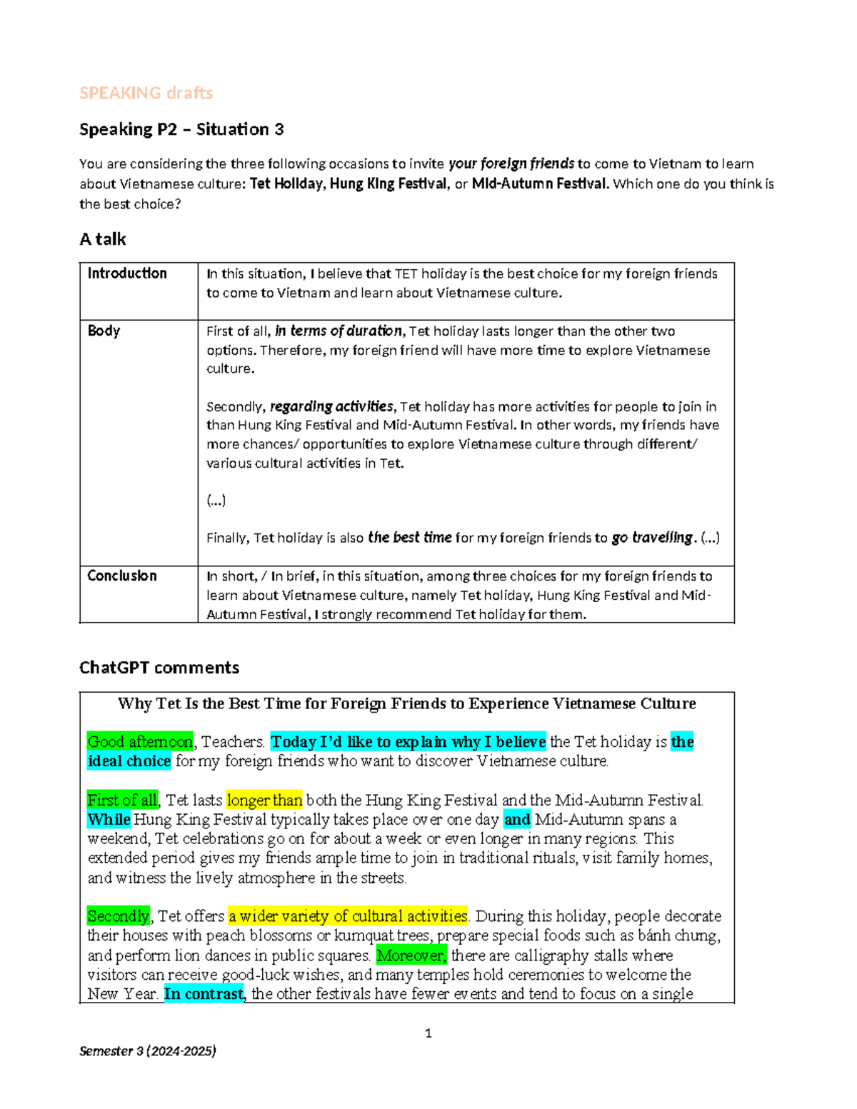 2025-6-22 FL100H Speaking P2 & P3 Drafts with AI Feedback - Studocu