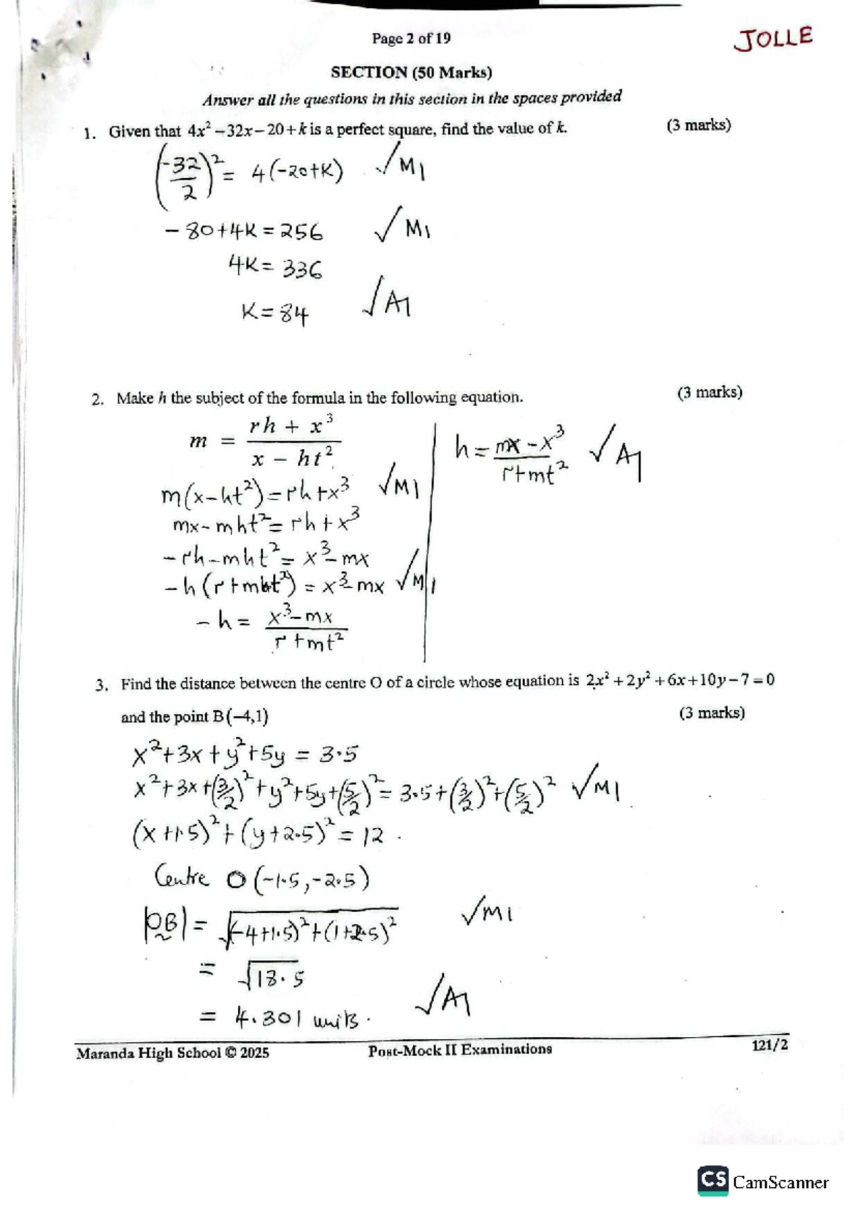 Mathspp 2MS - Maranda High School 2025 II Exam Solutions - Studocu