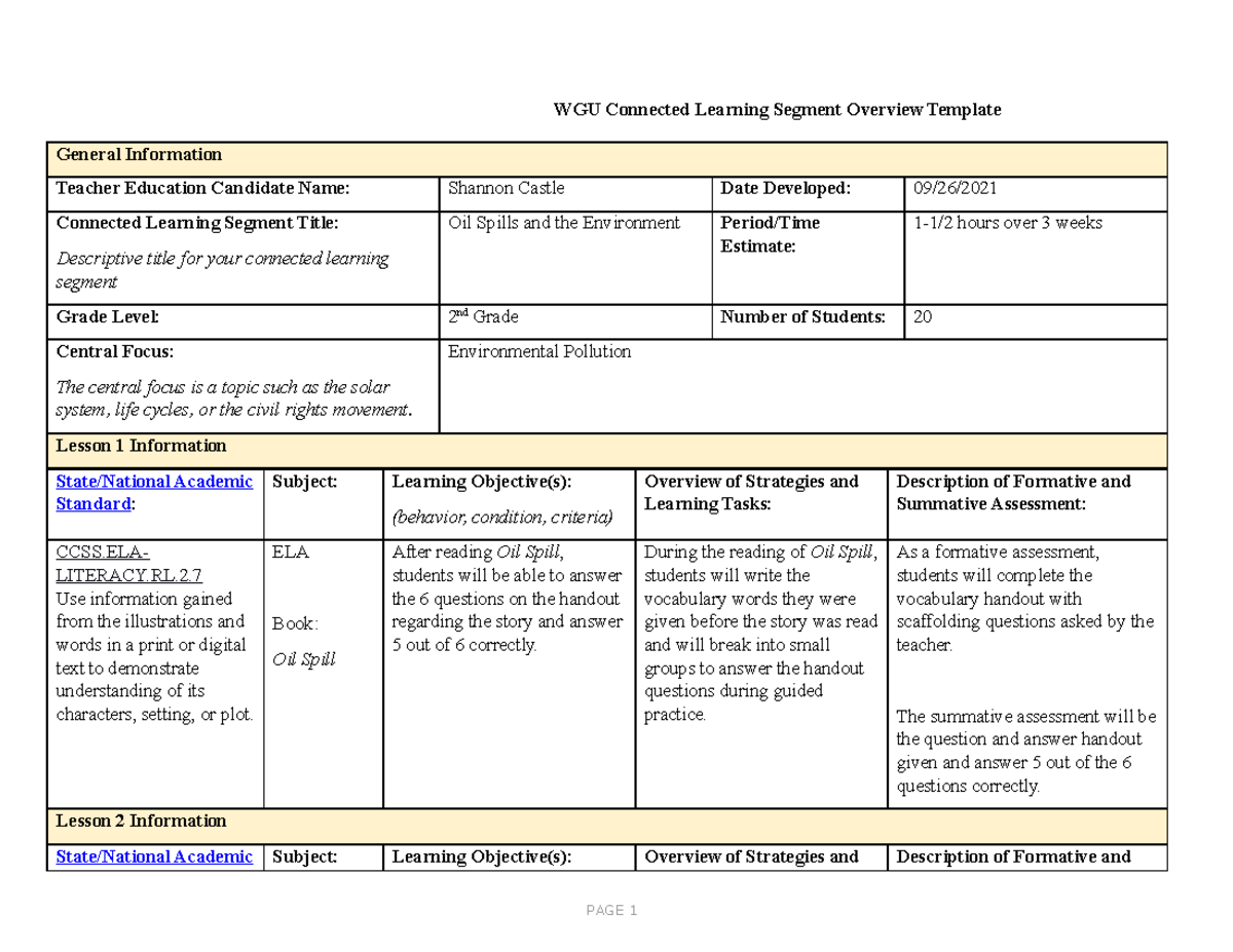 C269 Task 1 - Lesson plan and structured assignment - C269