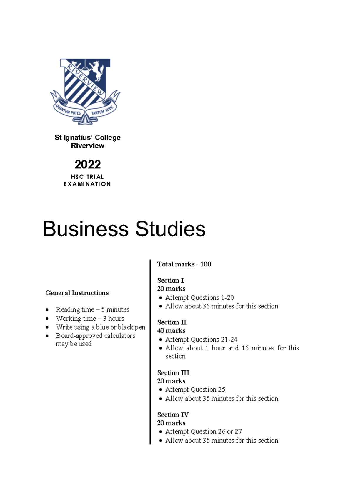 Riverview 2022 HSC Trial Exam Business Studies - Past Paper - Studocu