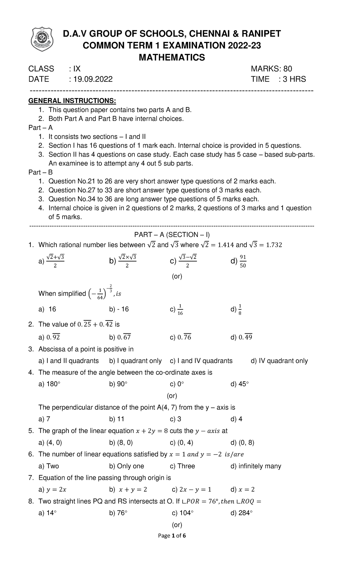 133 - Term 1 Mathematics Exam Practice Paper for Class IX - Studocu