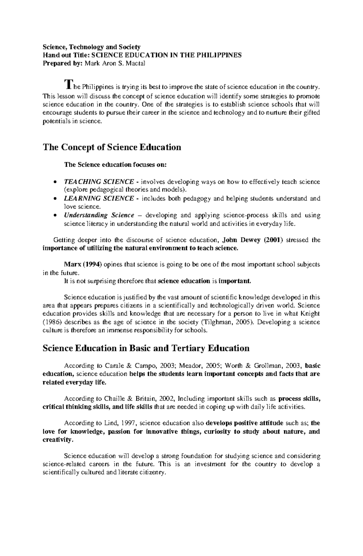 SCI 101: Enhancing Science Education in the Philippines - Studocu