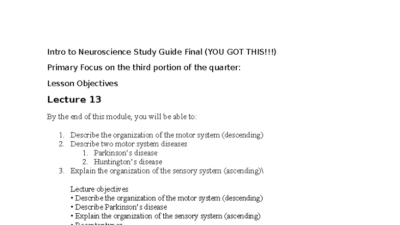 Neuro Final Study Guide - Intro to Neuroscience Study Guide Final (YOU ...