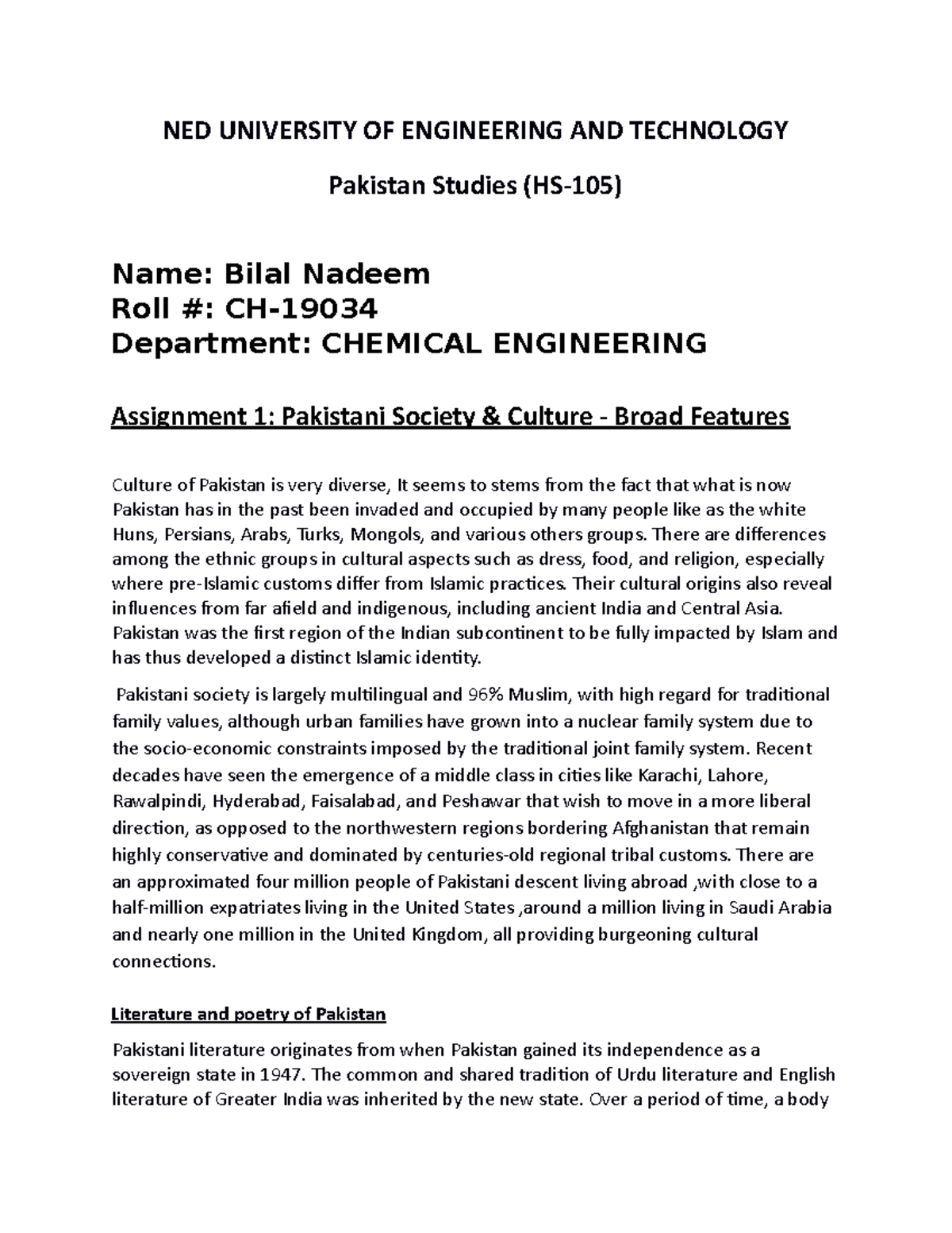 Pst assignment - NED UNIVERSITY OF ENGINEERING AND TECHNOLOGY Pakistan ...