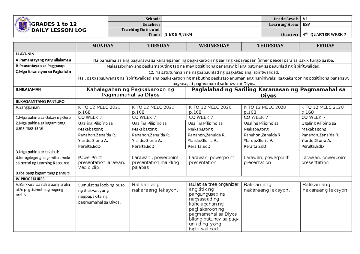 DLL ESP 6 Q4 W7 - dll - GRADES 1 to 12 DAILY LESSON LOG School: Grade ...