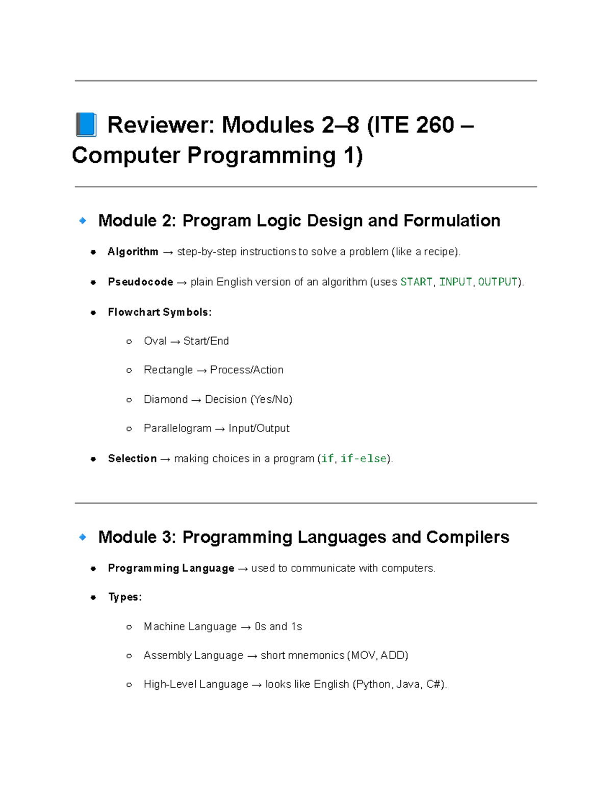Reviewer: ITE 260 - Computer Programming 1 Module Overview and Key ...