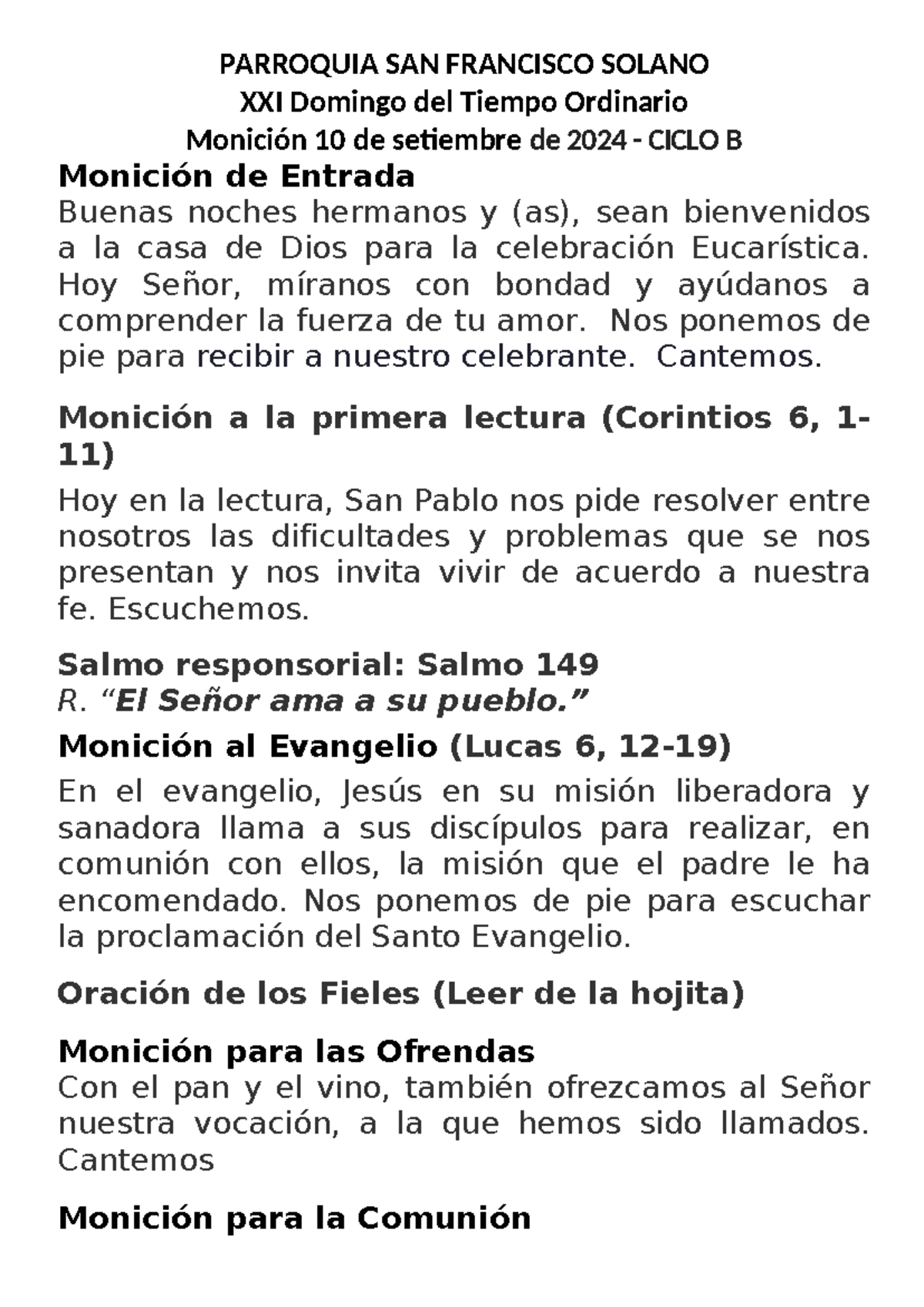 Monición 10 - Celebración Eucarística, Ciclo B, 10 Septiembre 2024 - Studocu