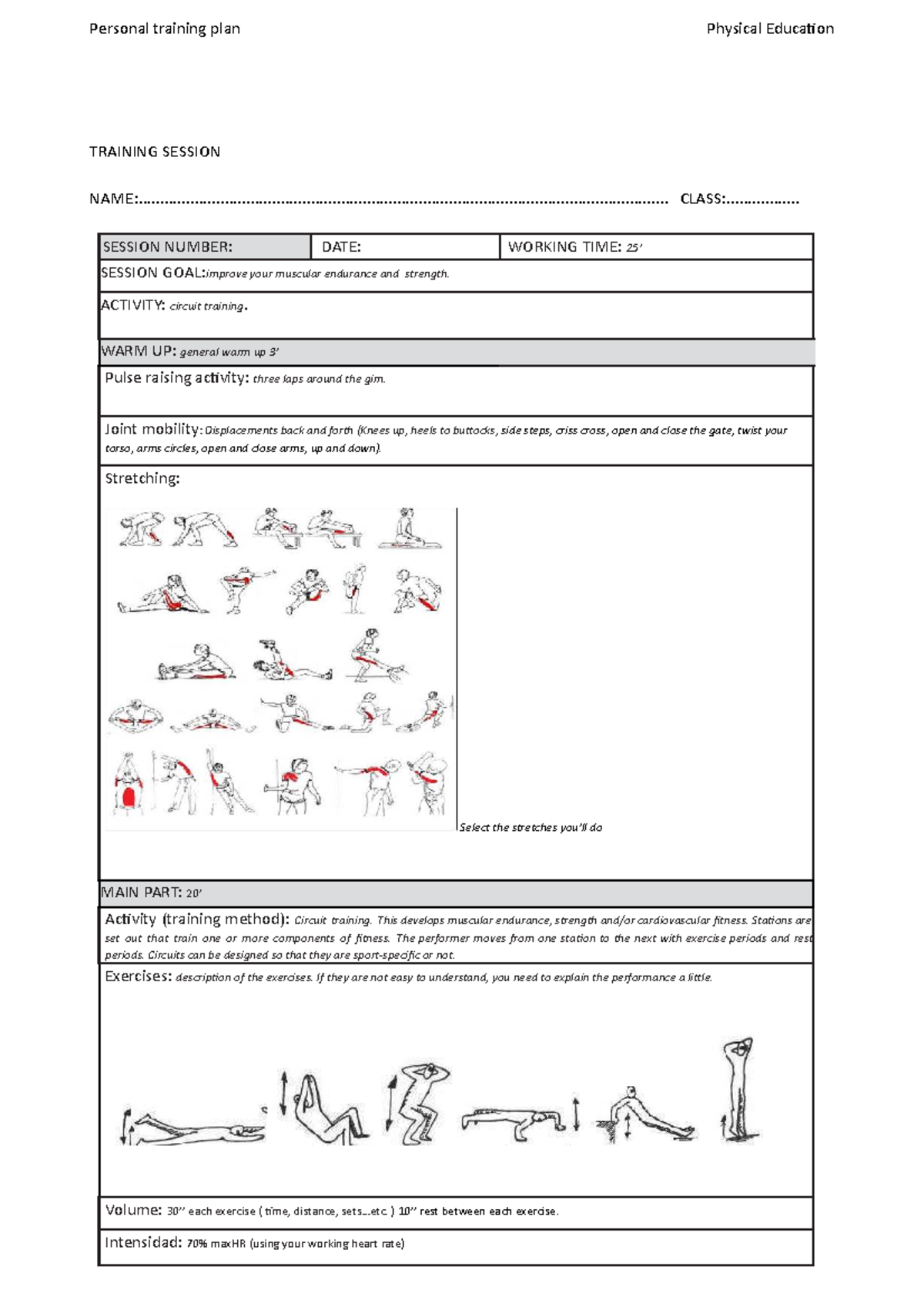 Training Session Example - Personal training plan Physical Educa on ...