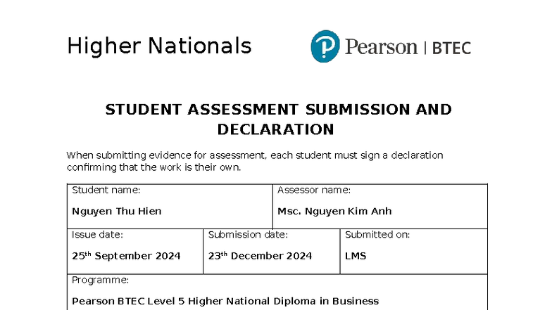 BTEC HND Business Law Assignment BL2: Submission & Declaration Form ...