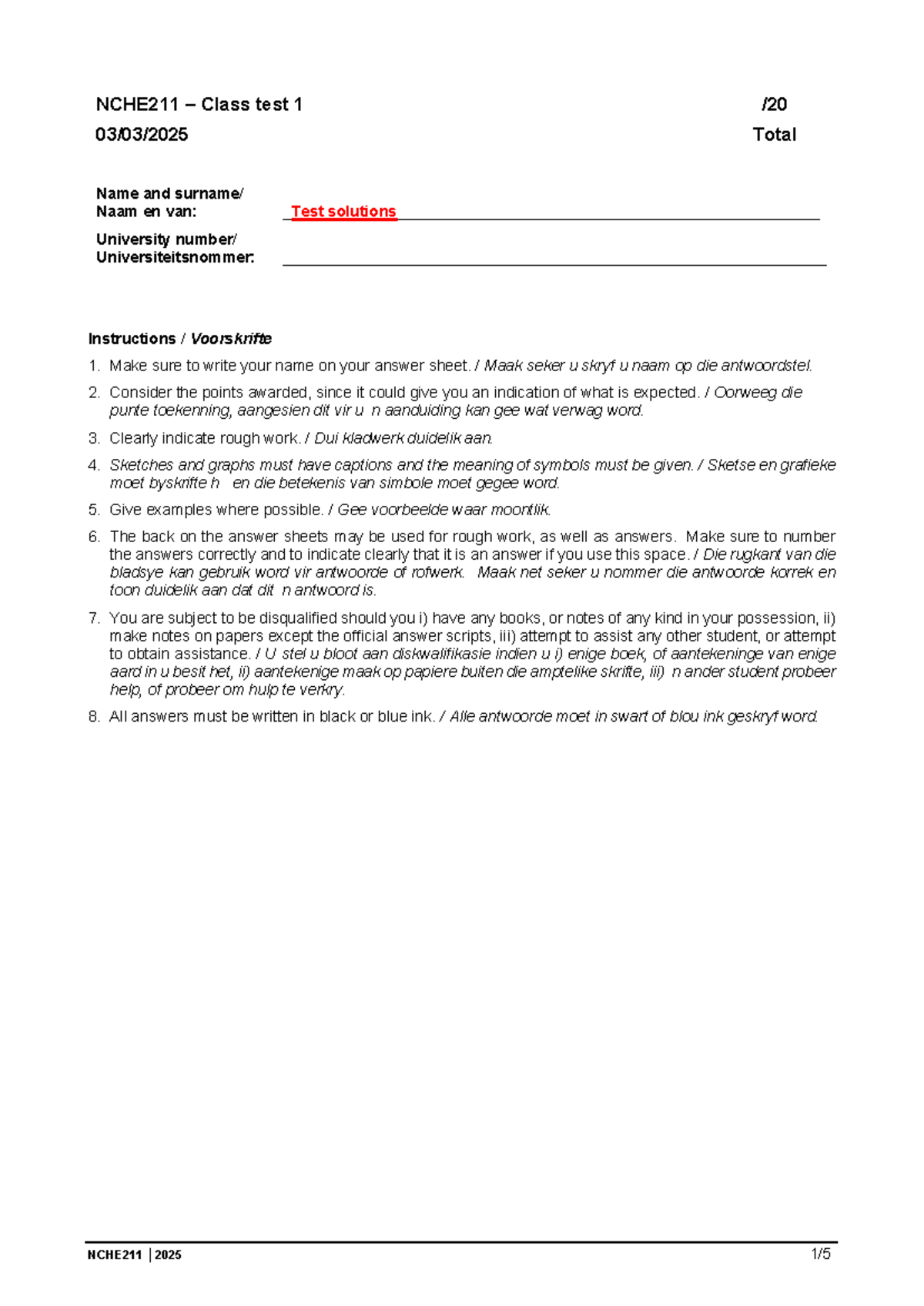 NCHE211 – Class Test 1 Solutions and Guidelines for 2025 - Studocu
