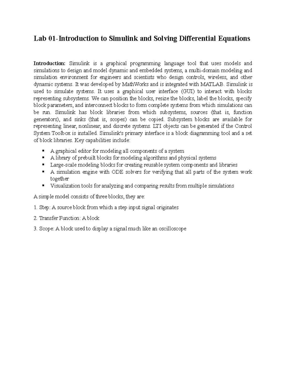 Lab 01 simulink - Lab 01-Introduction to Simulink and Solving ...