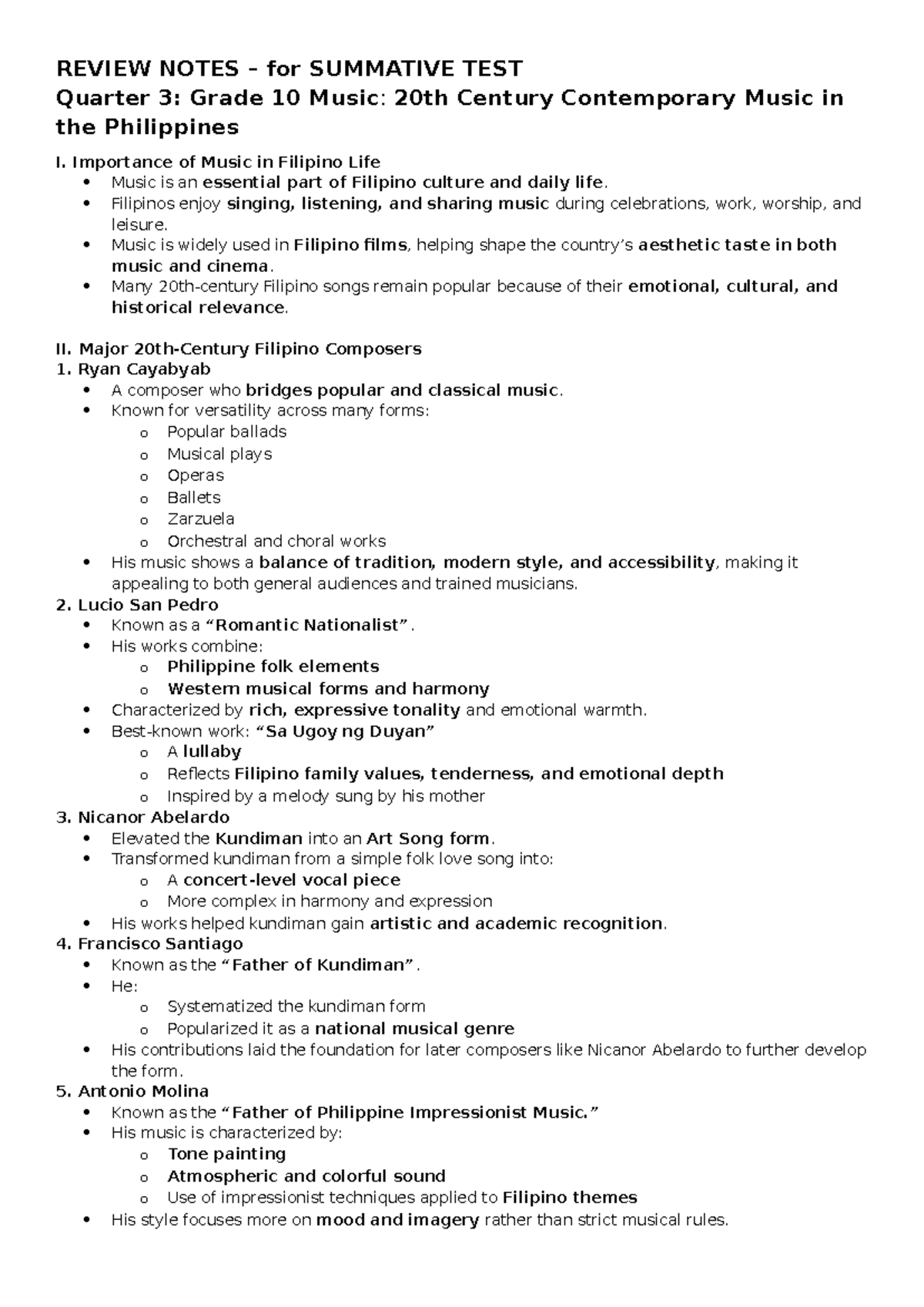 Q3 Review Notes: Grade 10 Music - 20th Century Filipino Composers - Studocu