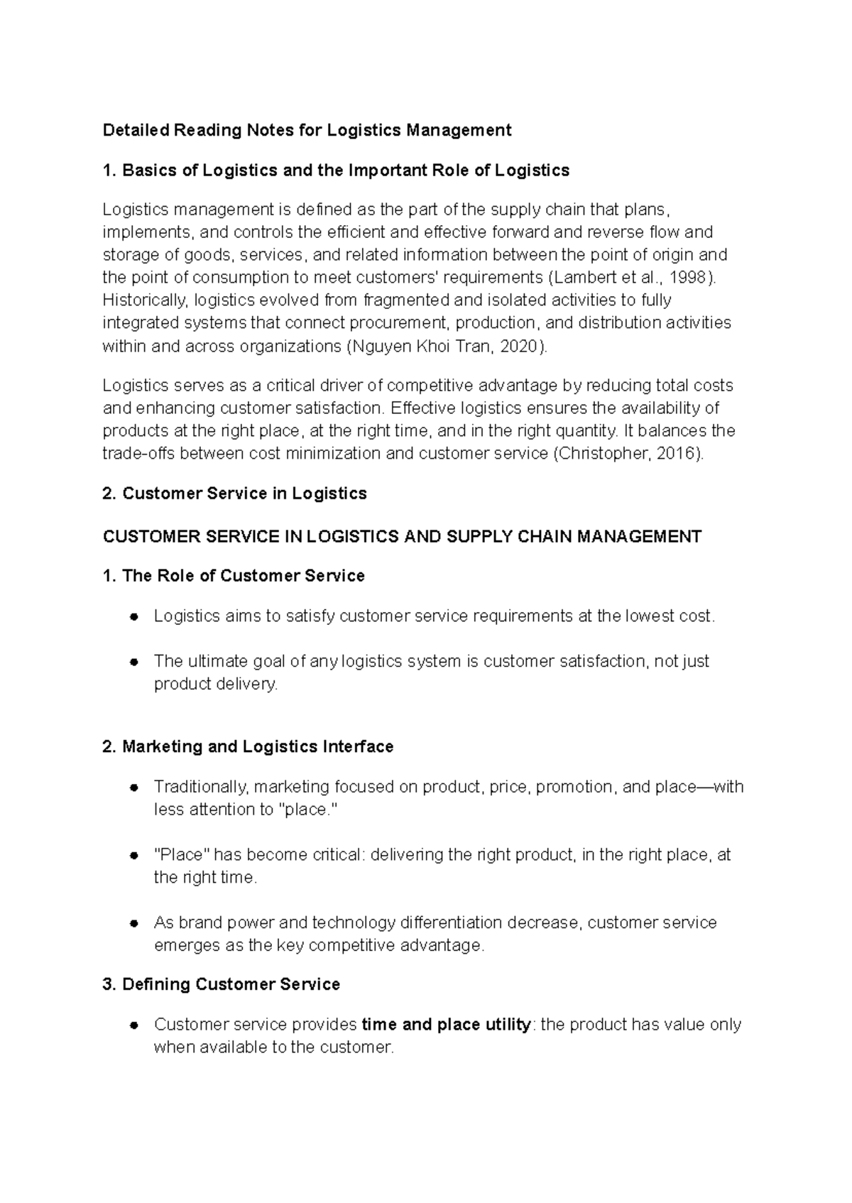 Logistics Management 1: Key Concepts and Customer Service Insights ...