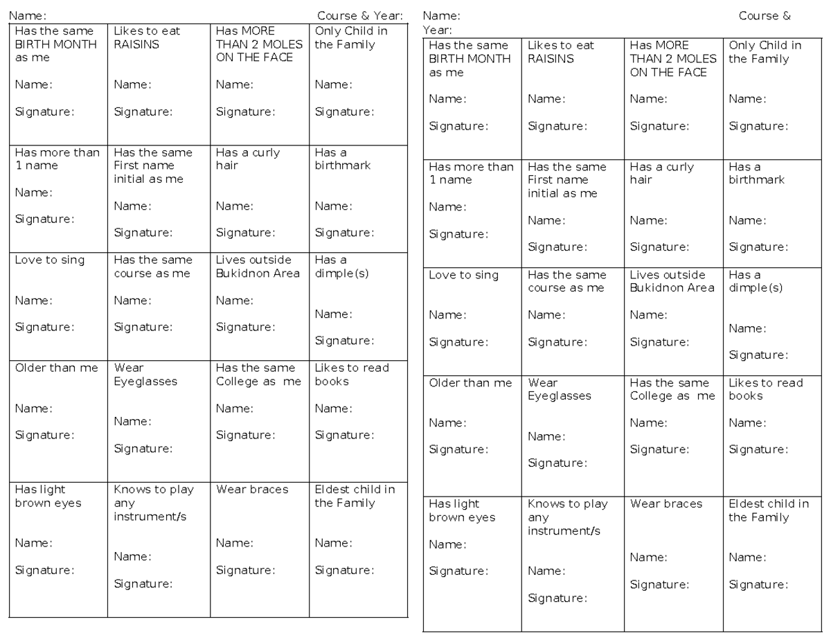 Bingo - ddd - Name: Course & Year: Has the same BIRTH MONTH as me Name ...