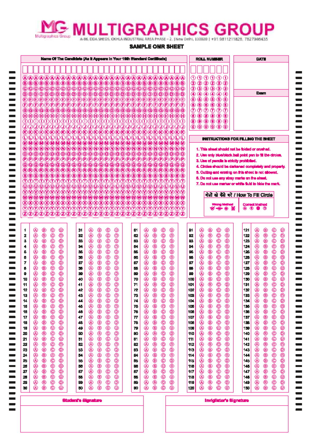 Sample OMR Sheet - Course TE2T46435 - Studocu