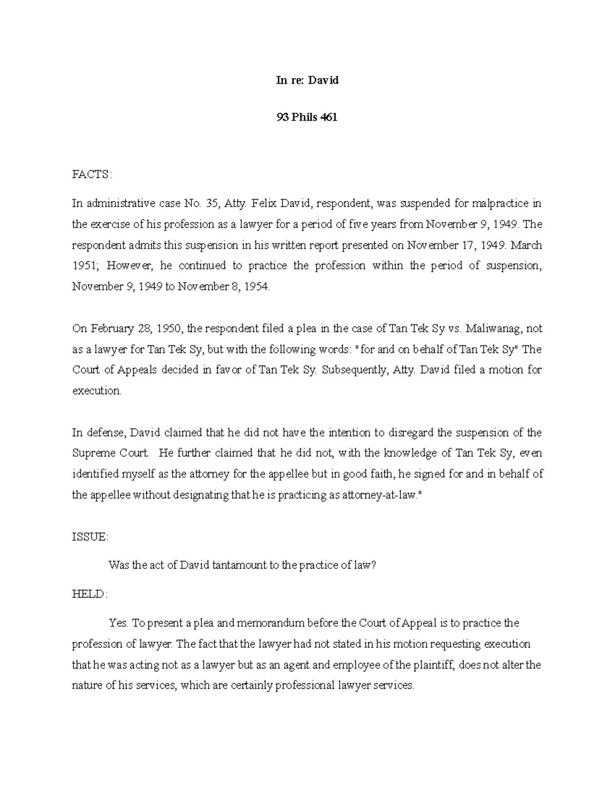 In re: David Case Digest - Administrative Malpractice Review - Studocu
