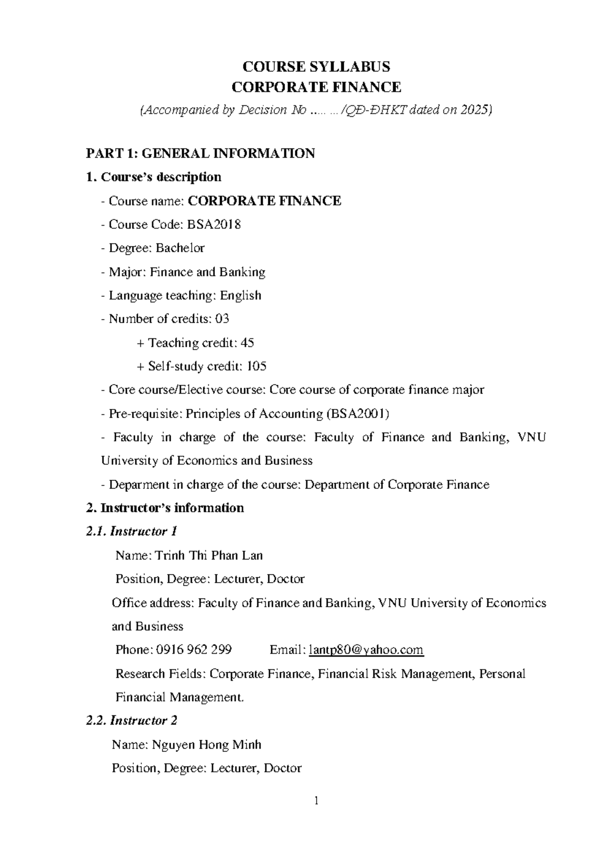 COURSE SYLLABUS: CORPORATE FINANCE (BSA2018) - 2025 Edition - Studocu