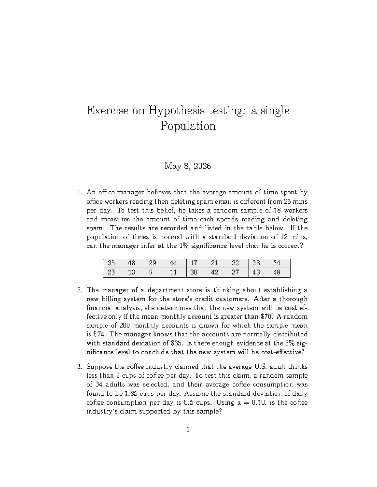 Exercise 12: Hypothesis Testing on Single Population Analysis - Studocu