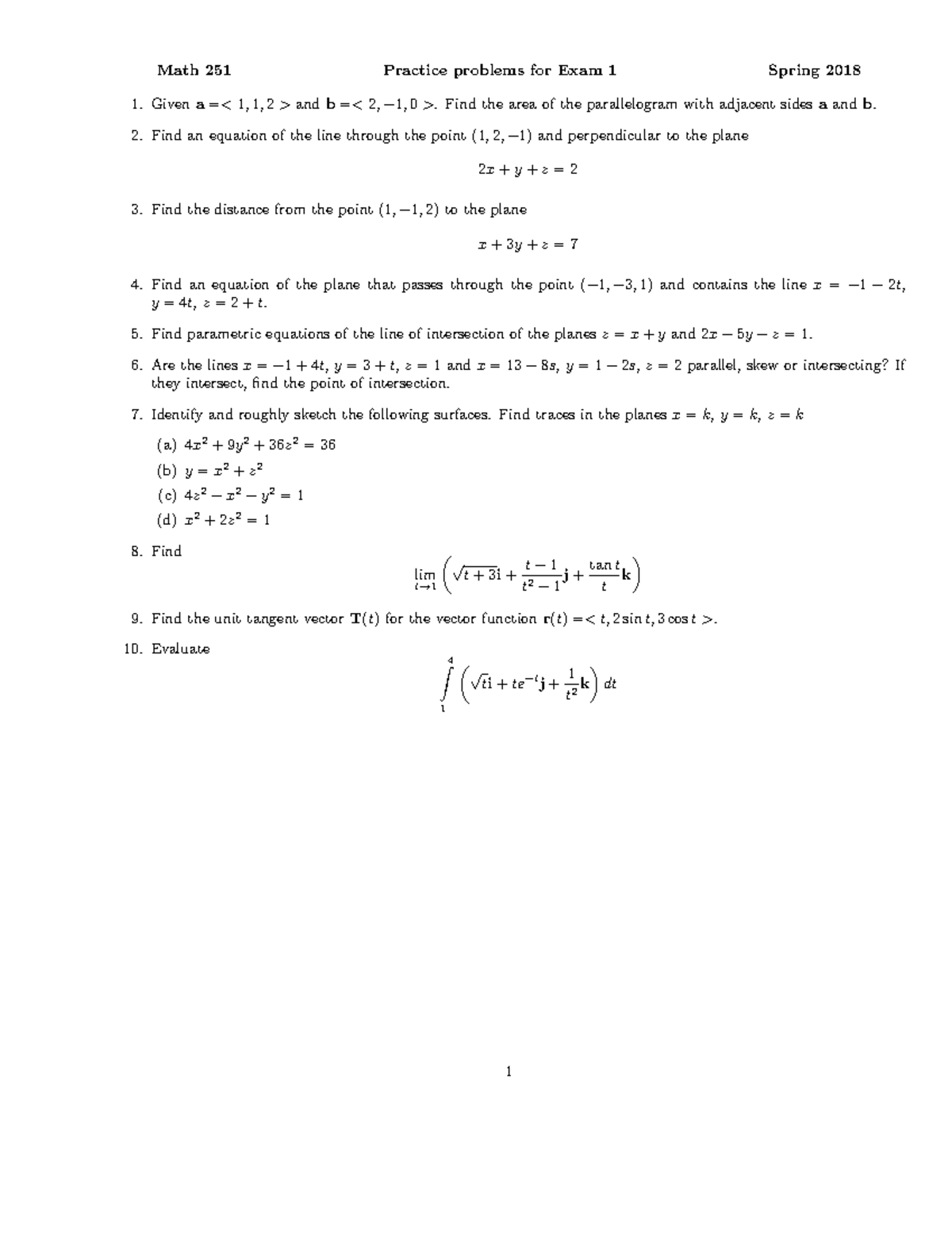 Math 251 - Exam 1 Practice Problems and Solutions Spring 2018 - Studocu