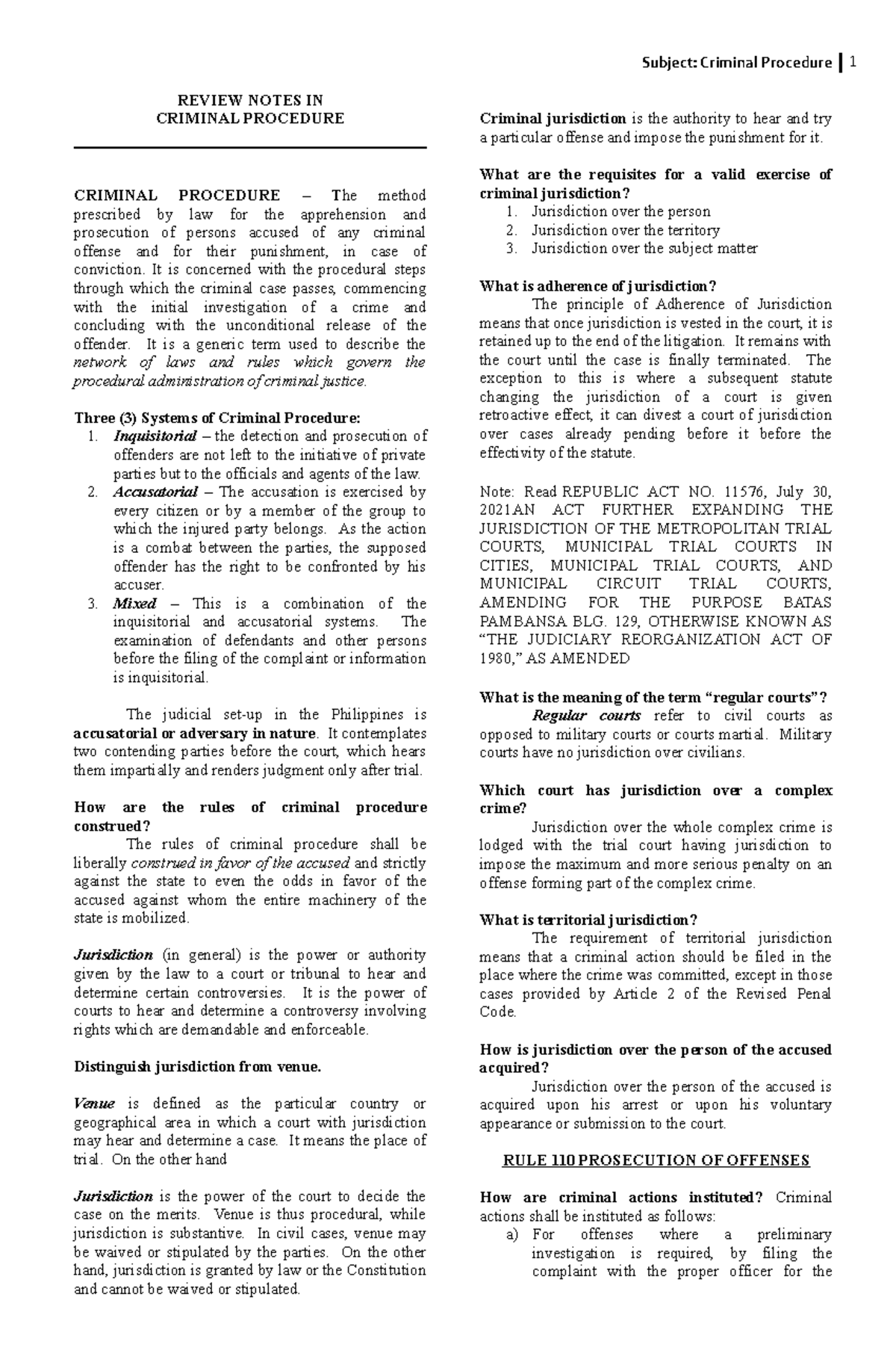 Review Notes on Criminal Procedure (CRIMPROC101) - Studocu